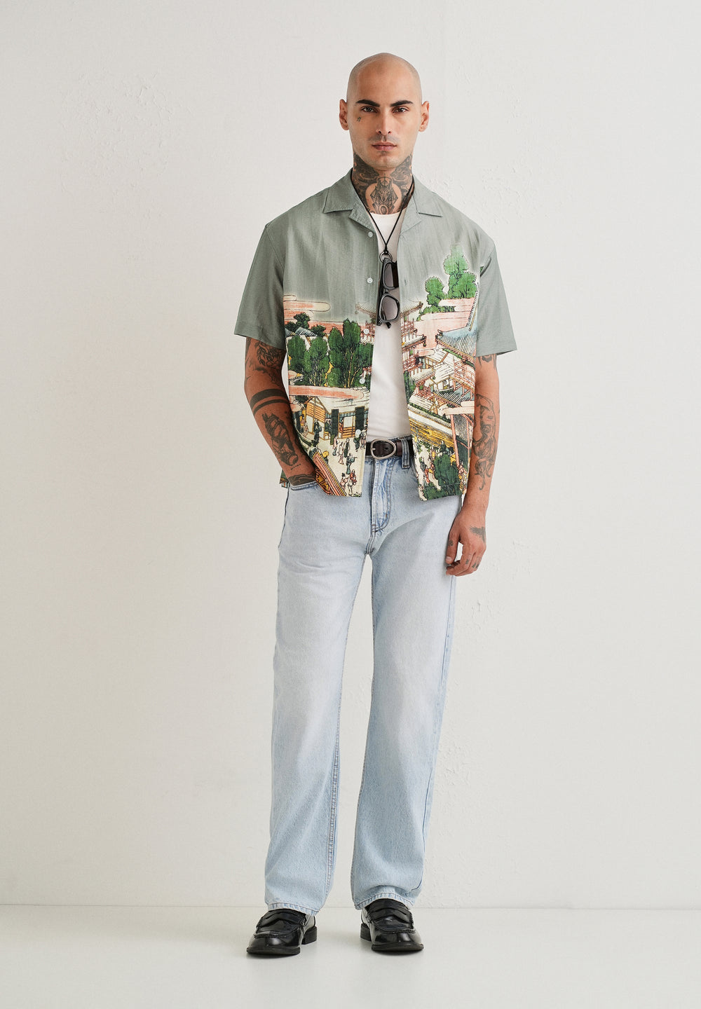 Sage Grey Scenic Placement Print Shirt