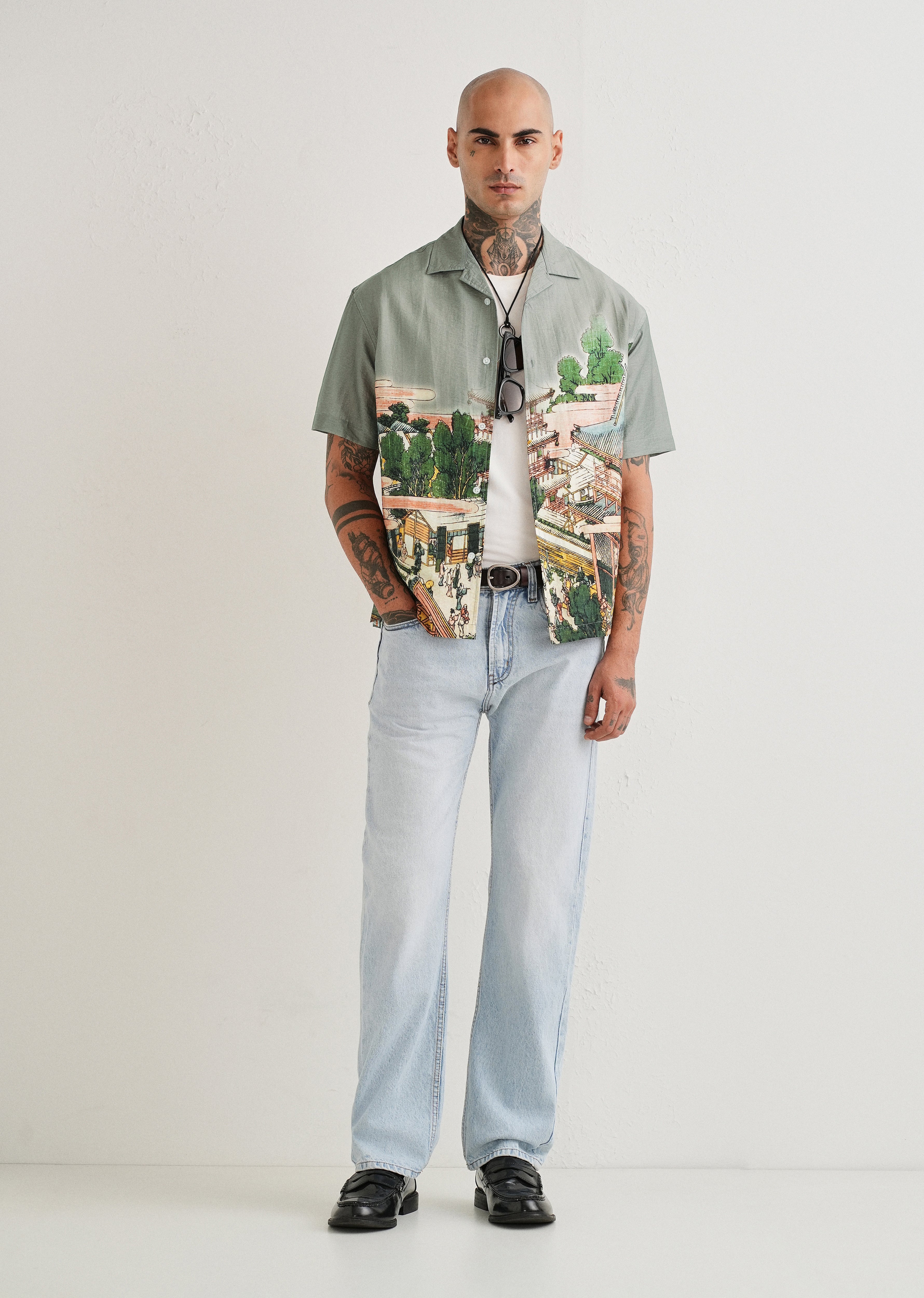 Sage Grey Scenic Placement Print Shirt