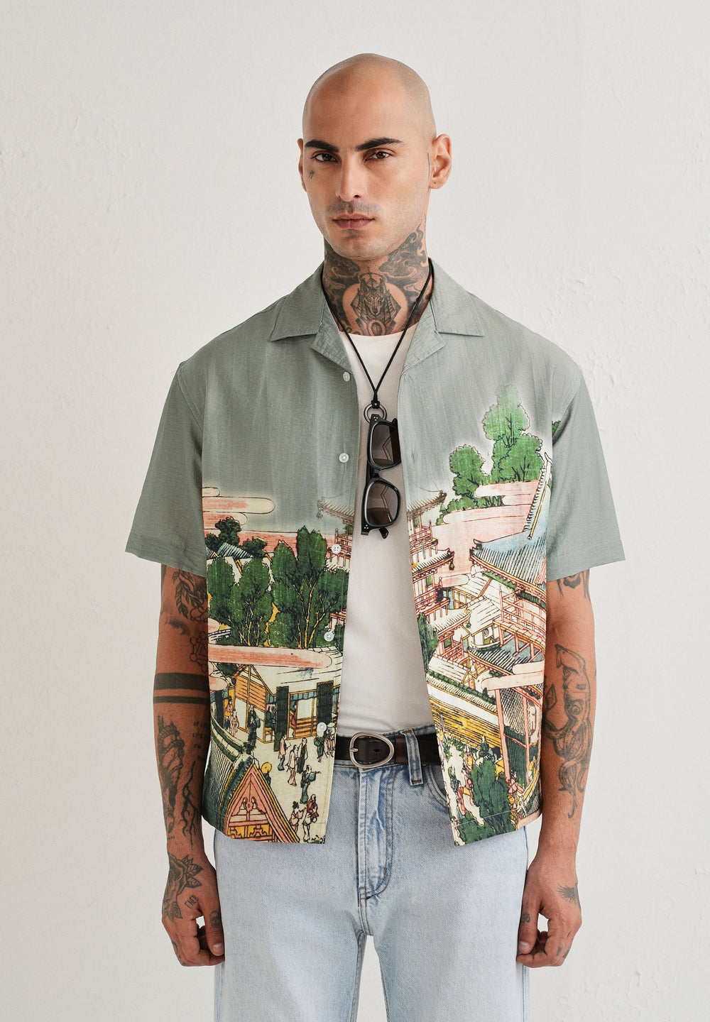 Sage Grey Scenic Placement Print Shirt