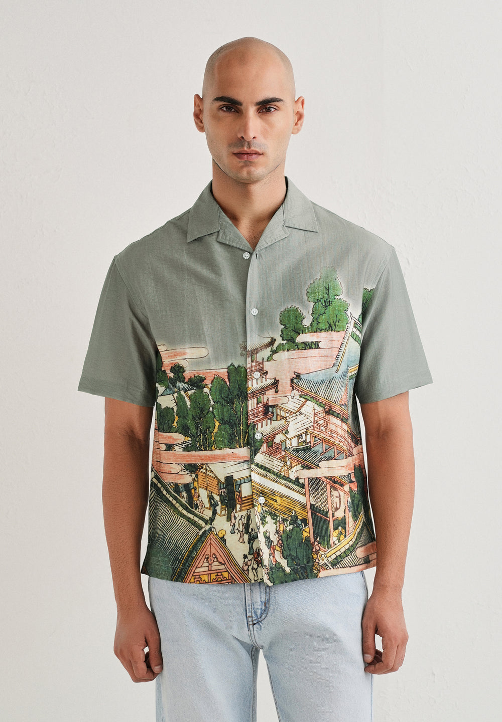 Sage Grey Scenic Placement Print Shirt