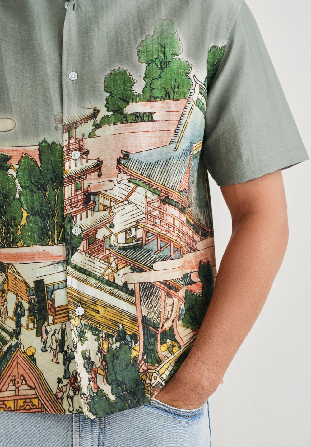 Sage Grey Scenic Placement Print Shirt