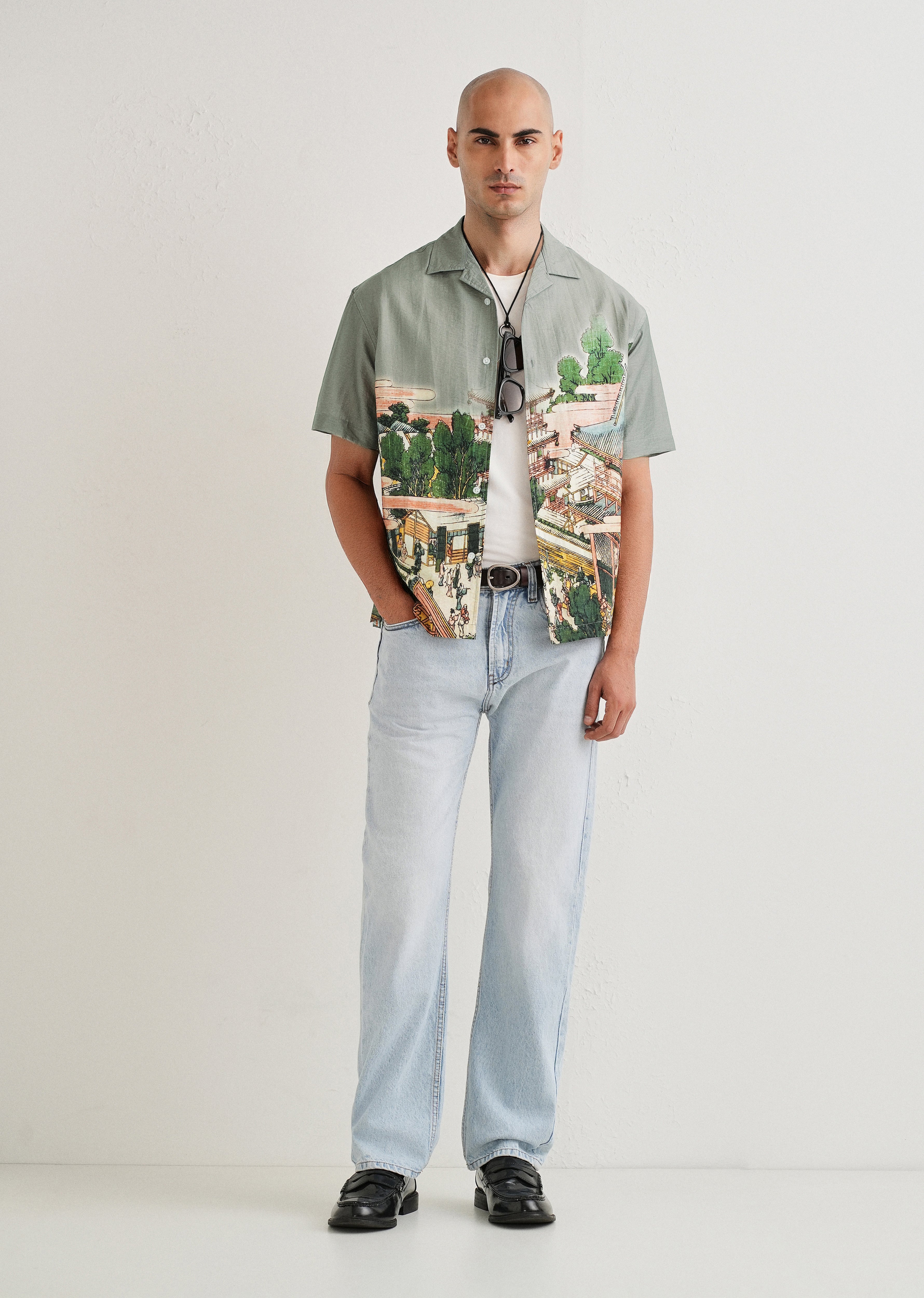 Sage Grey Scenic Placement Print Shirt