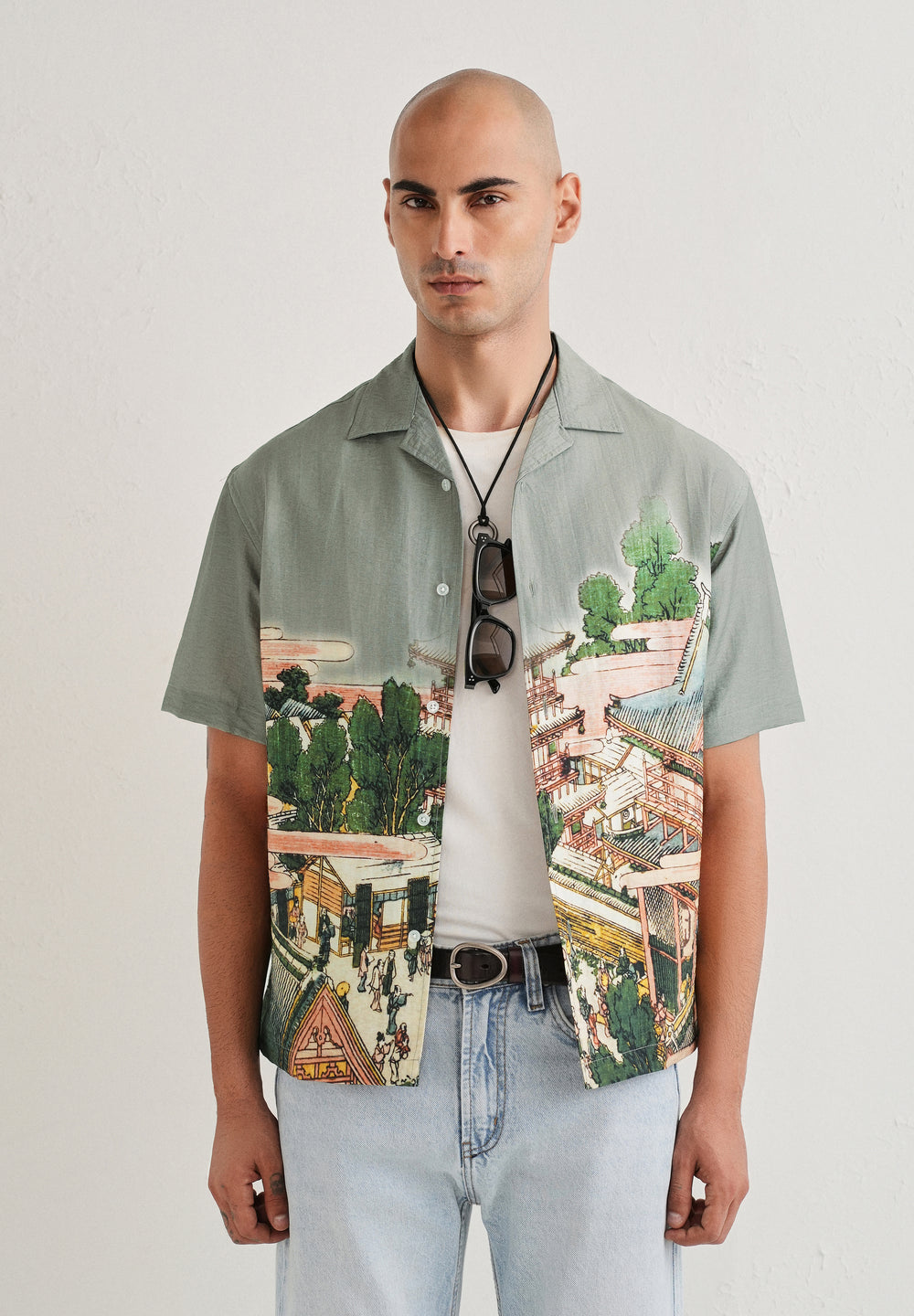 Sage Grey Scenic Placement Print Shirt