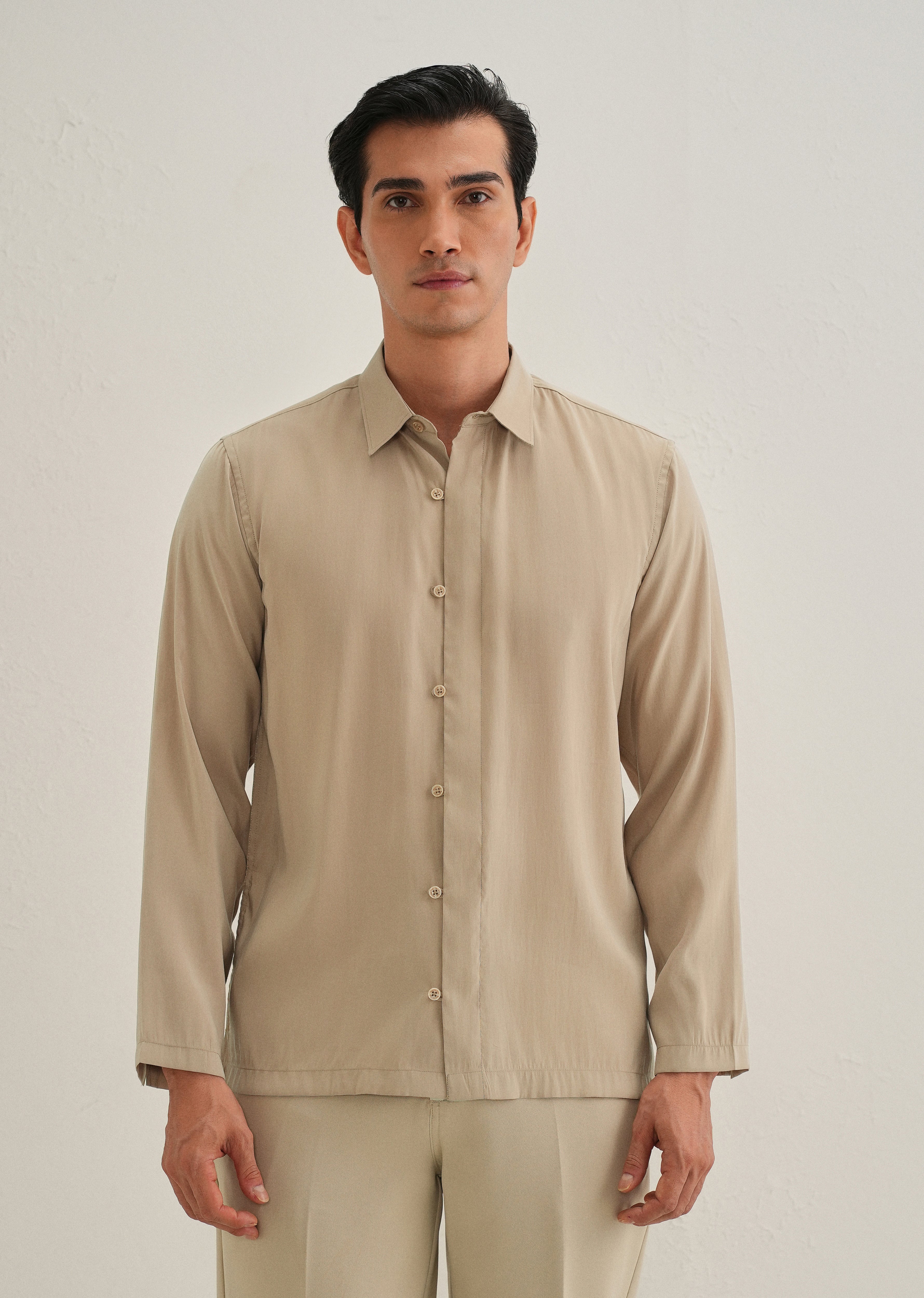 Sand Brown Loop Button-Down Plain Shirt