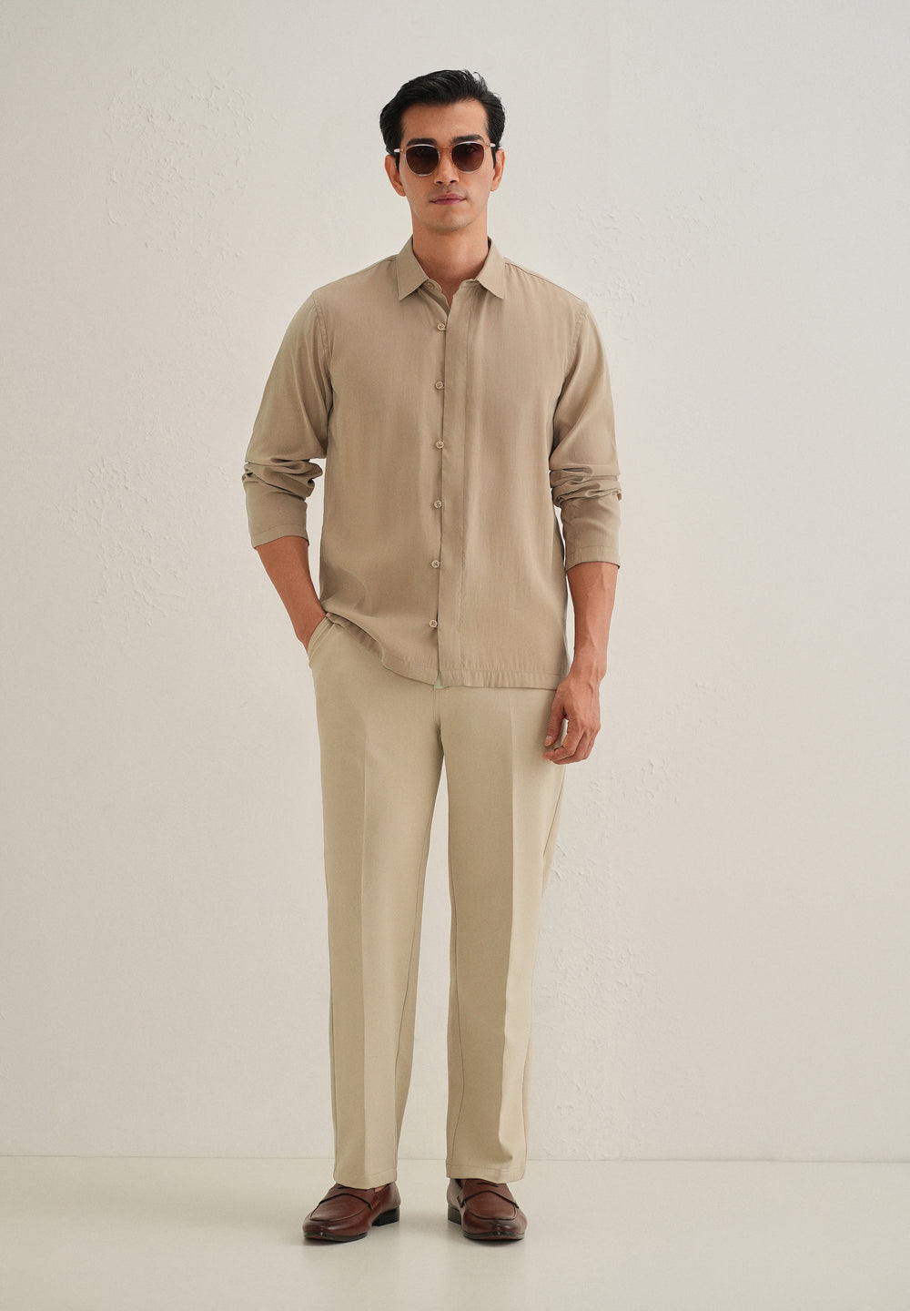 Sand Brown Loop Button-Down Plain Shirt