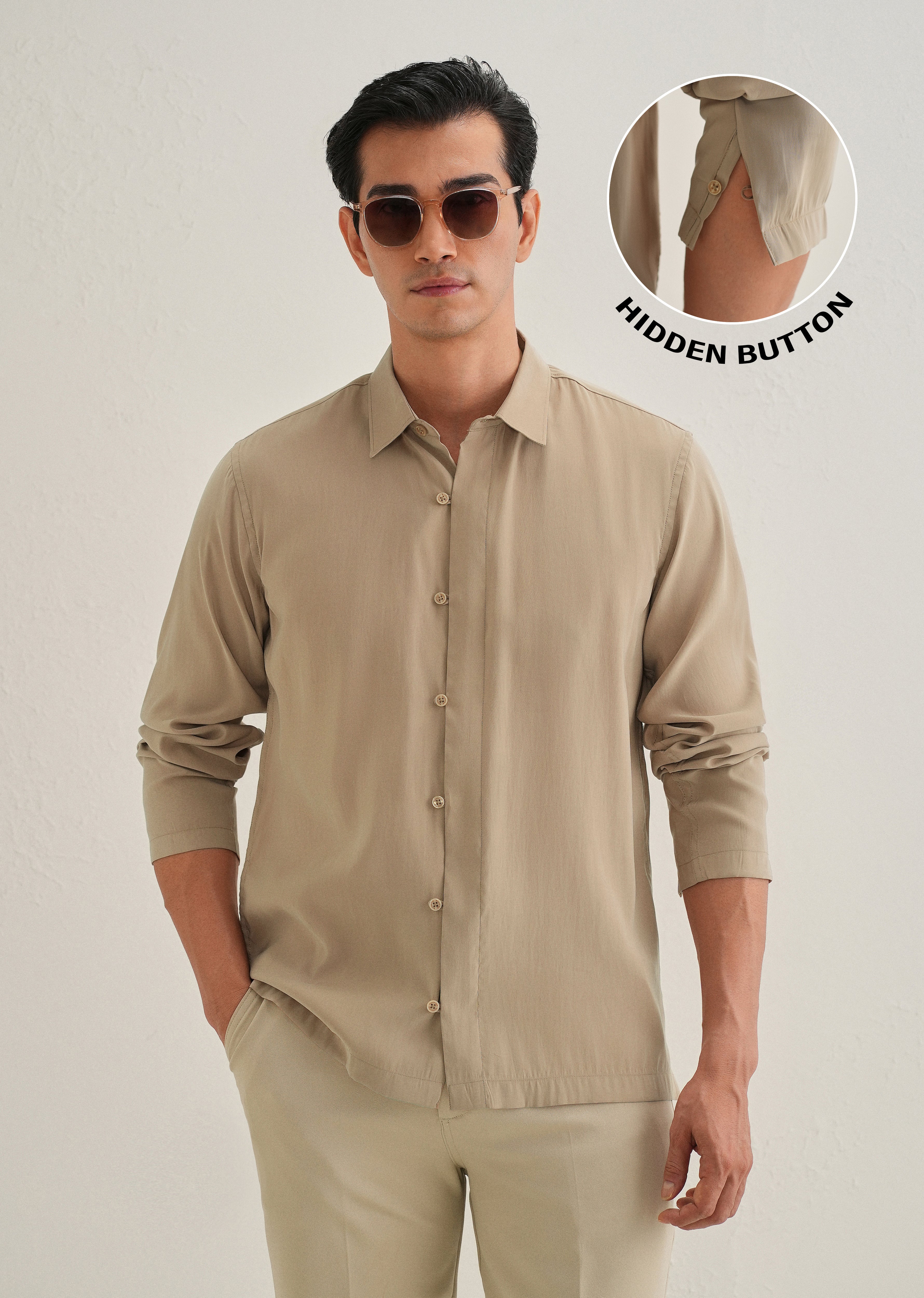 Sand Brown Loop Button-Down Plain Shirt