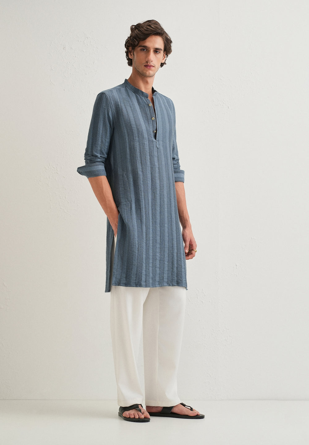Sapphire Blue Textured Vertical Stripe Kurta