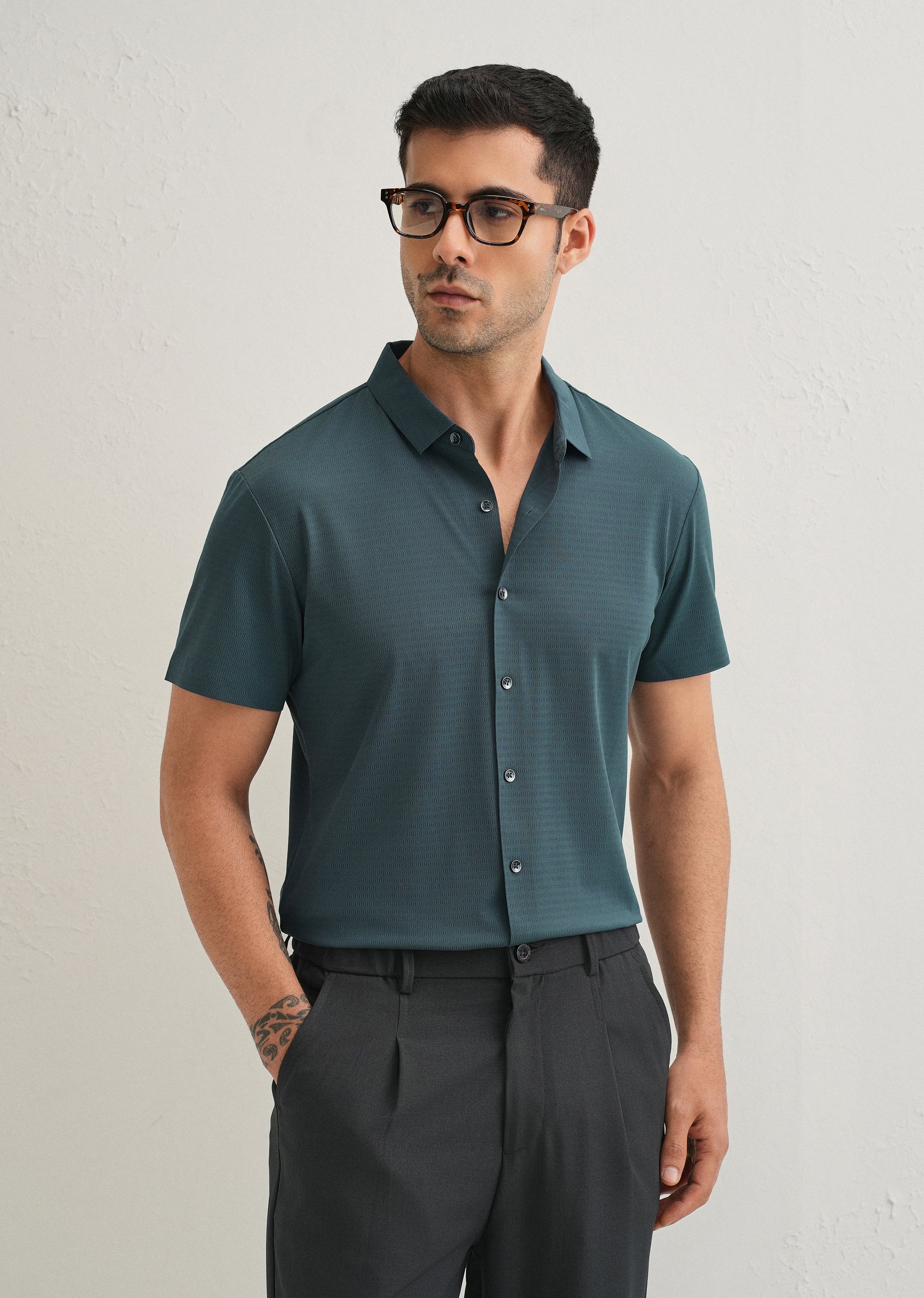 Self Pattern Cyan Stitchless Shirt