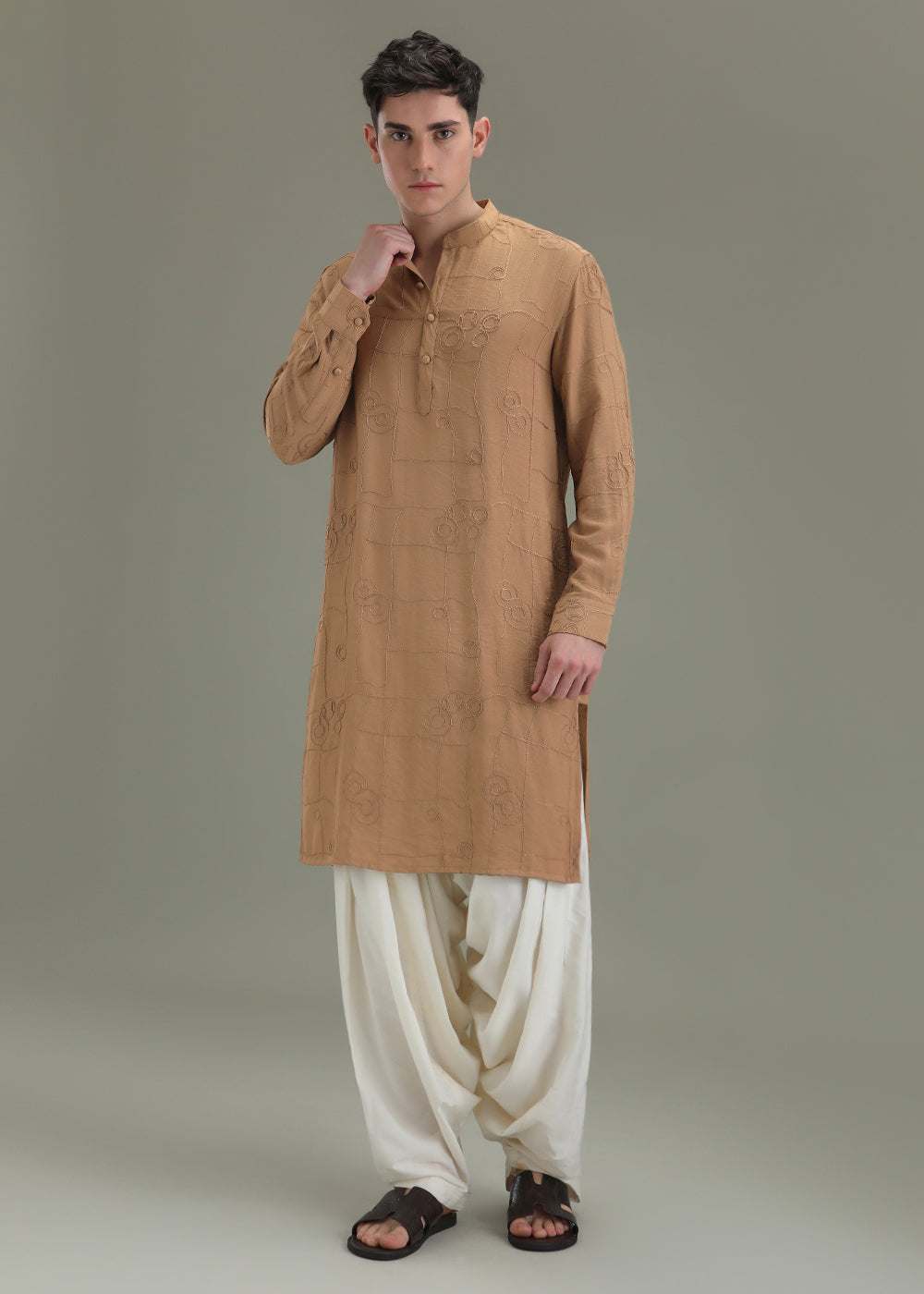 Sand Brown Self Embroidered Kurta