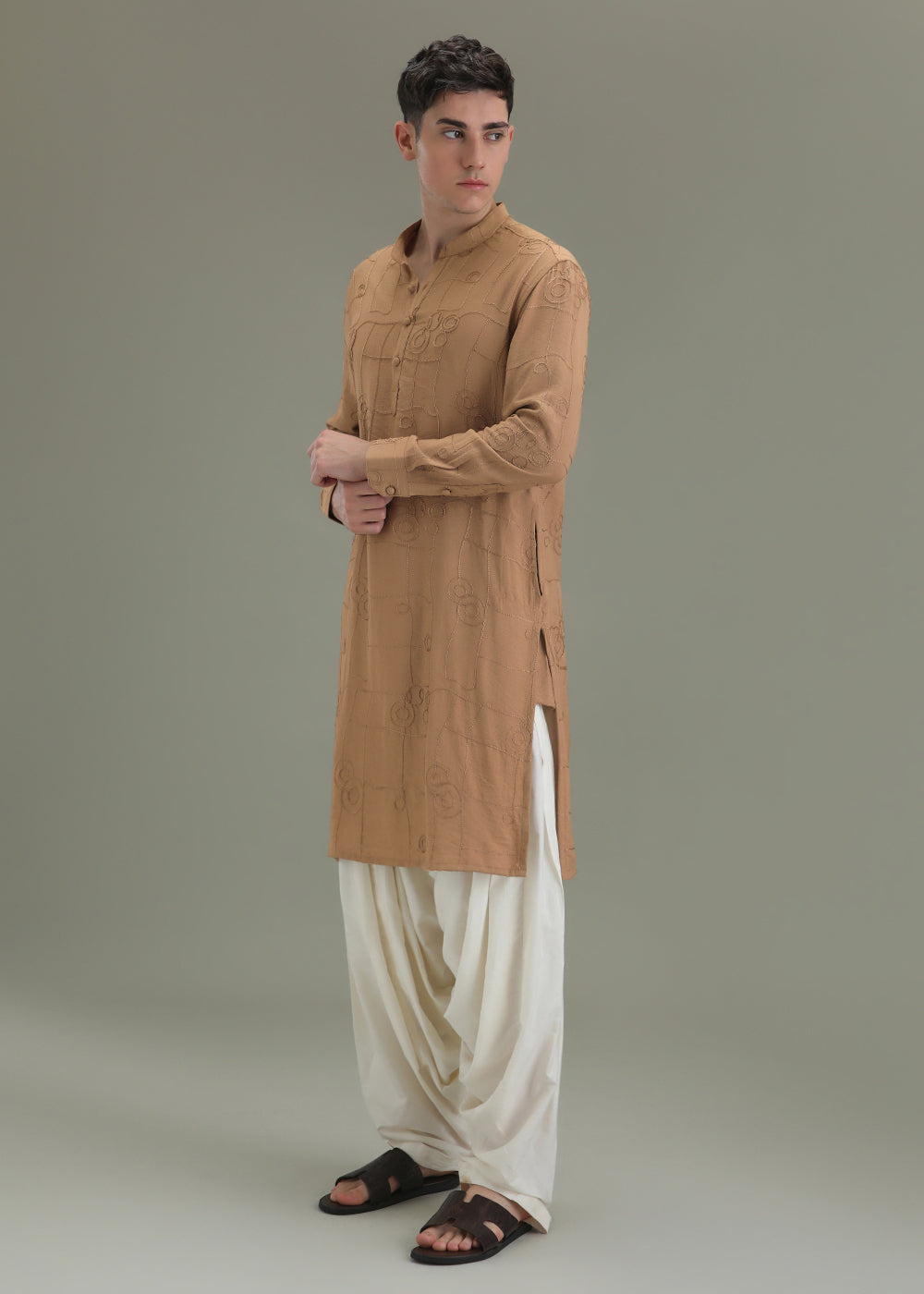 Sand Brown Self Embroidered Kurta