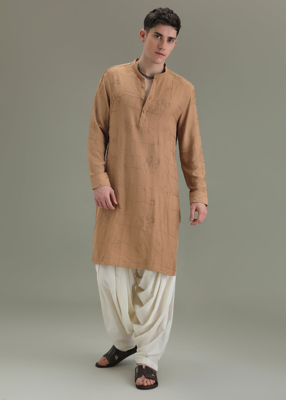 Sand Brown Self Embroidered Kurta