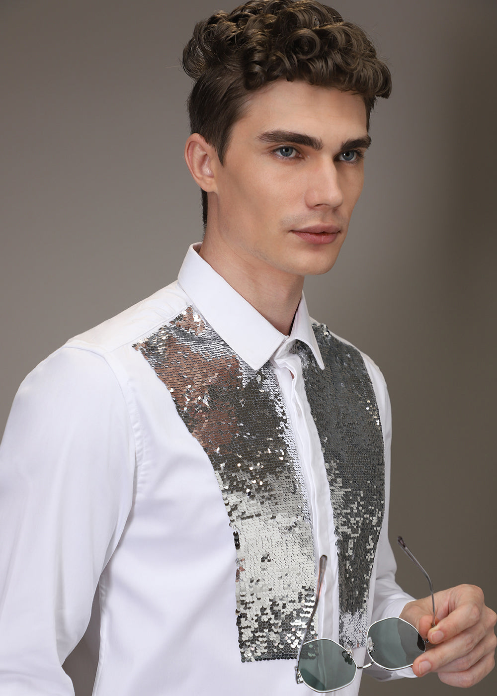 Sequin debonair designer white shirt