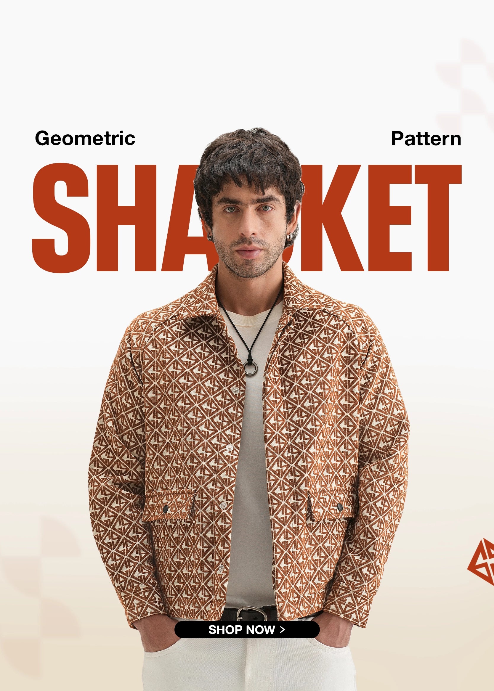 Man wearing a patterned jacket with 'Shaket' branding and promotional text.