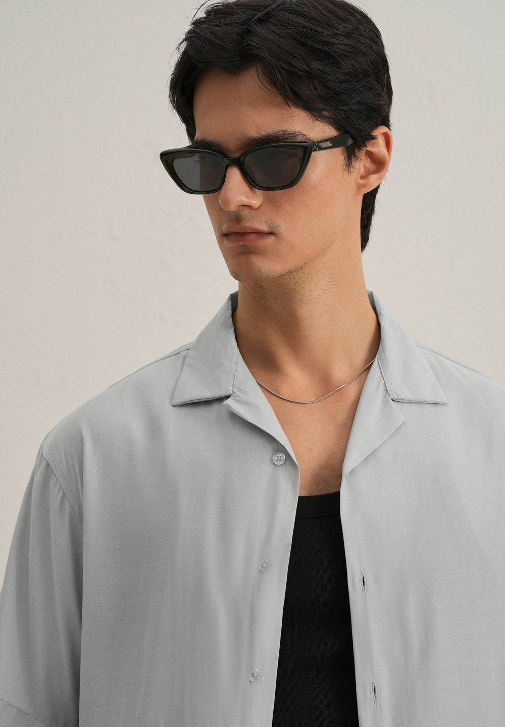 Shadow Grey Plain Sheen Cuban Collar Shirt