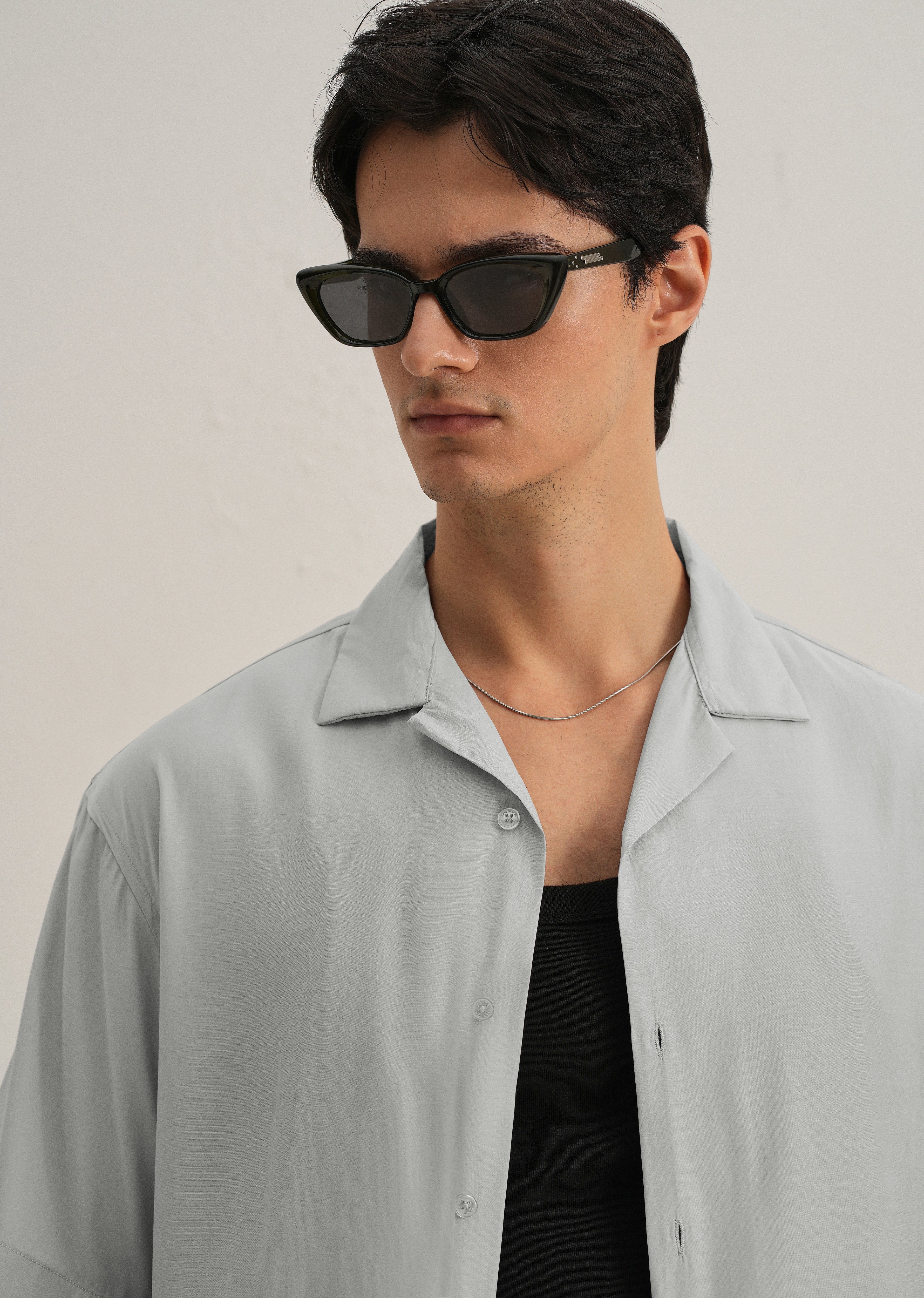 Shadow Grey Plain Sheen Cuban Collar Shirt