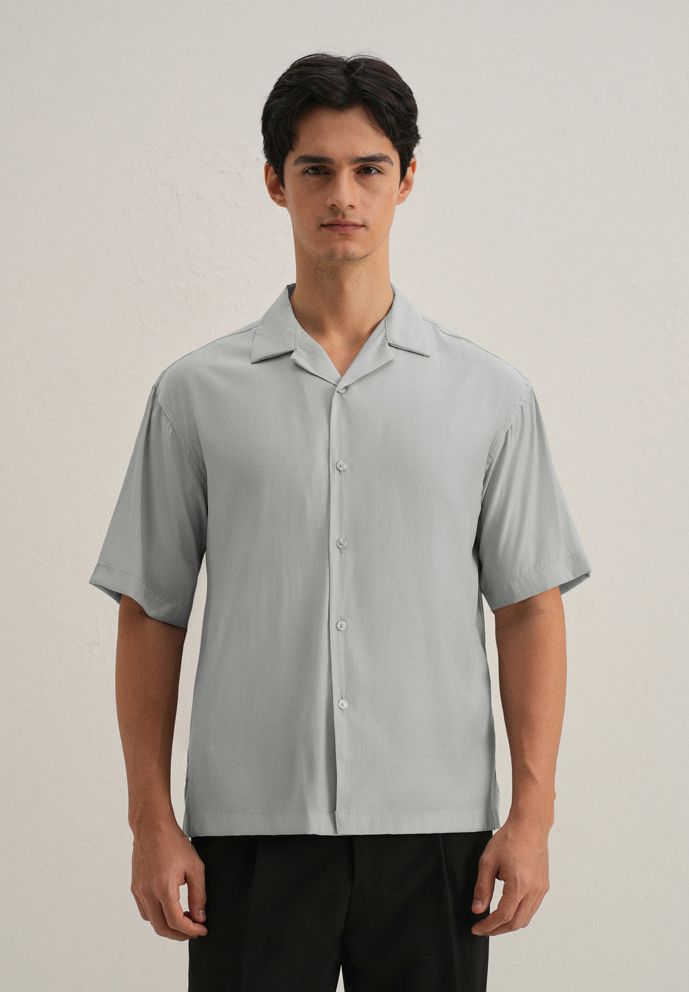 Shadow Grey Plain Sheen Cuban Collar Shirt