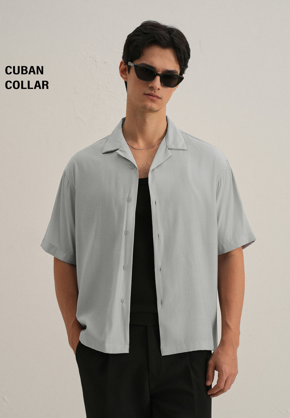 Shadow Grey Plain Sheen Cuban Collar Shirt