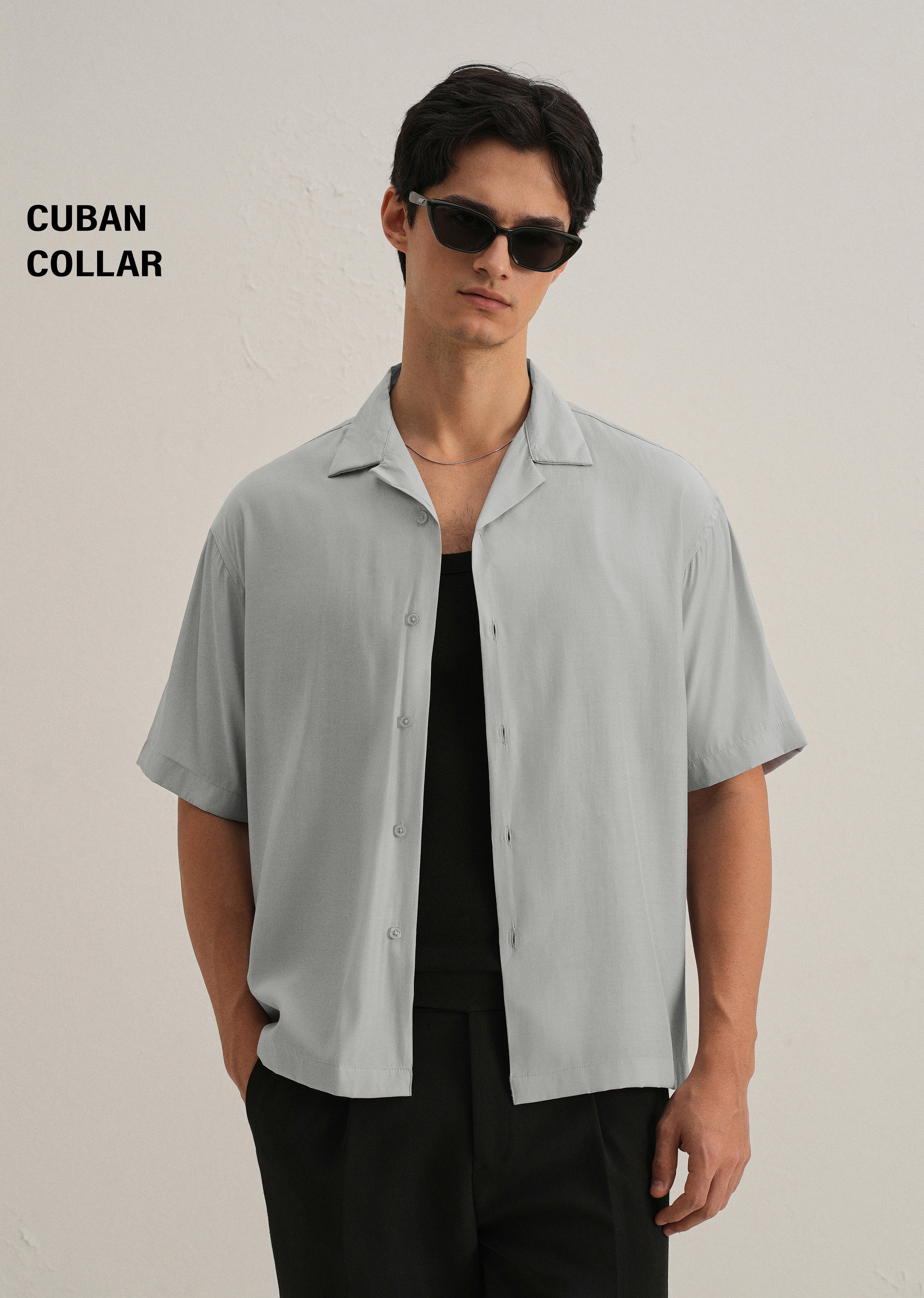 Shadow Grey Plain Sheen Cuban Collar Shirt