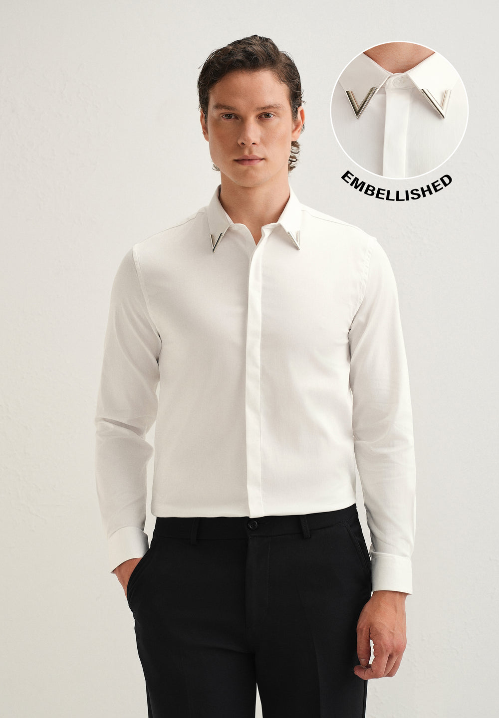 Silver-Tipped Collar White Designer Shirt