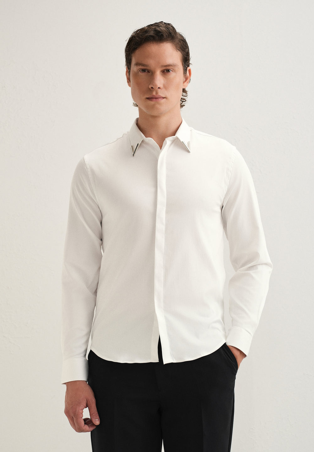 Silver-Tipped Collar White Designer Shirt