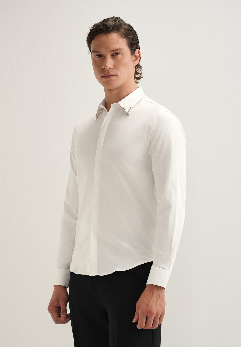 Silver-Tipped Collar White Designer Shirt