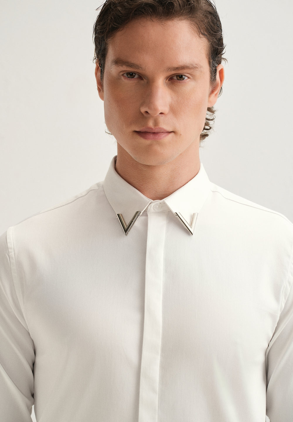 Silver-Tipped Collar White Designer Shirt