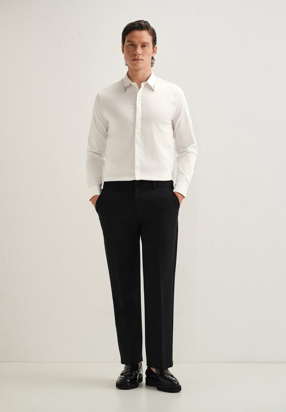 Silver-Tipped Collar White Designer Shirt