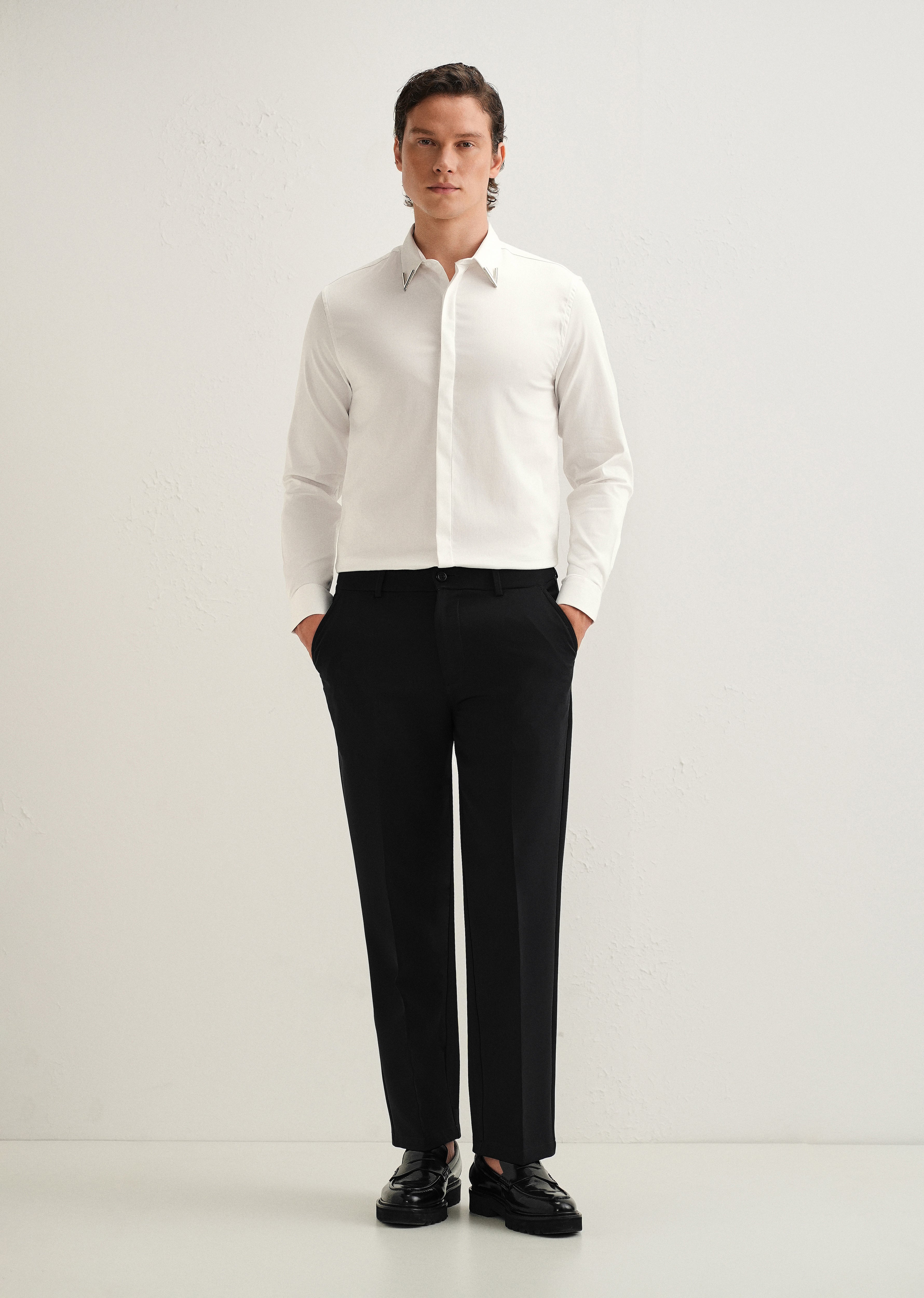 Silver-Tipped Collar White Designer Shirt