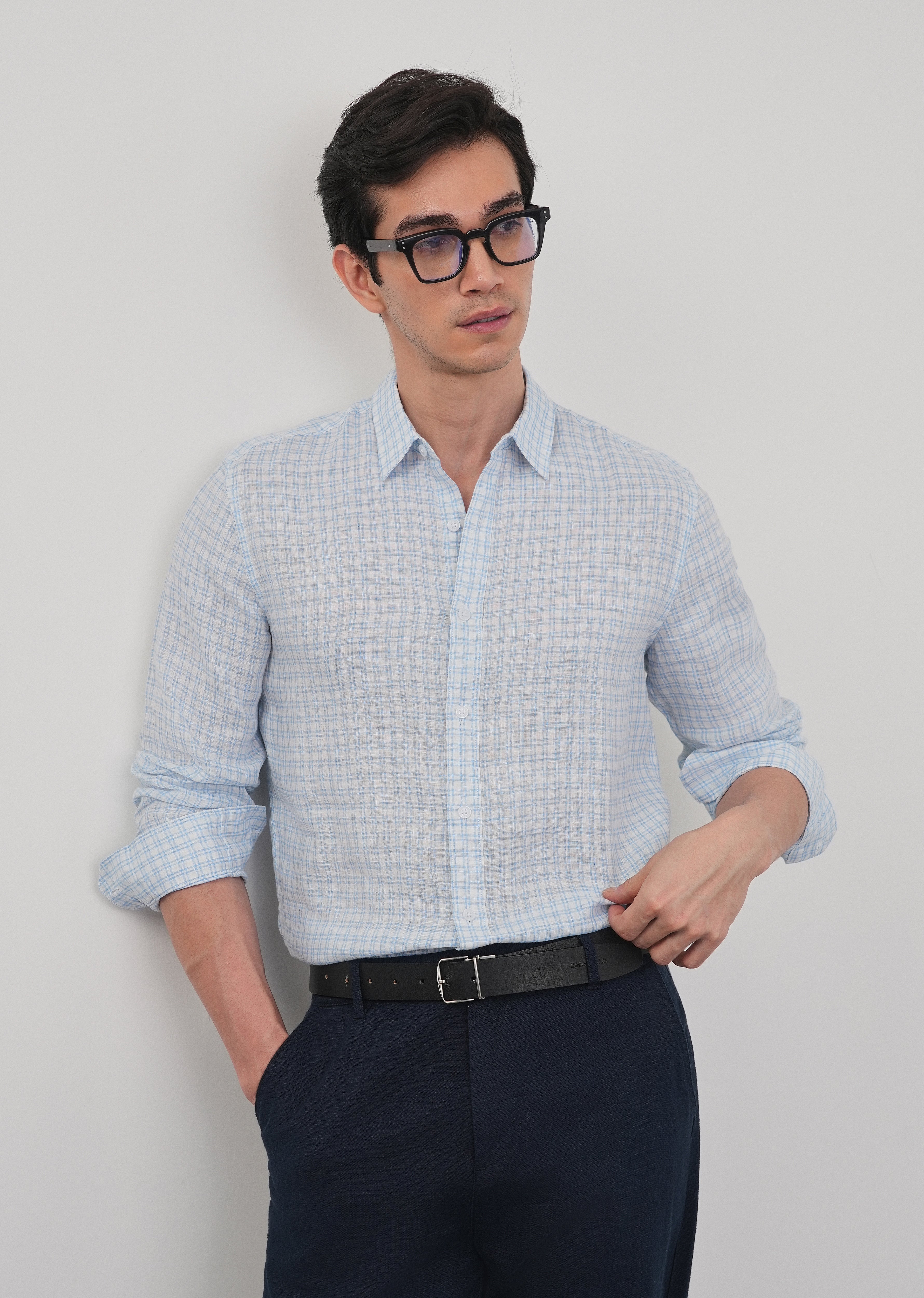 Sky Blue 100% Pure Linen Check Shirt