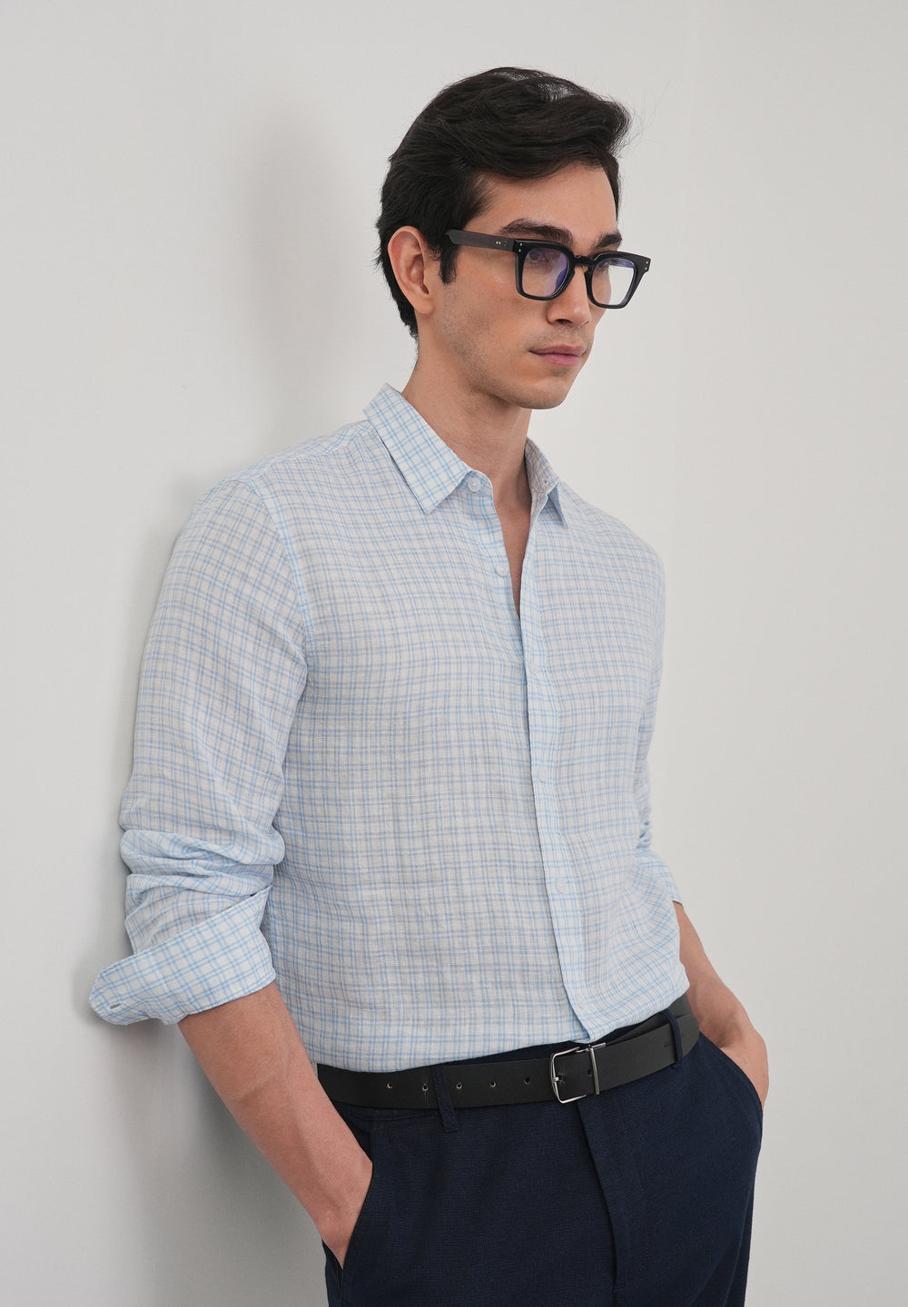 Sky Blue 100% Pure Linen Check Shirt