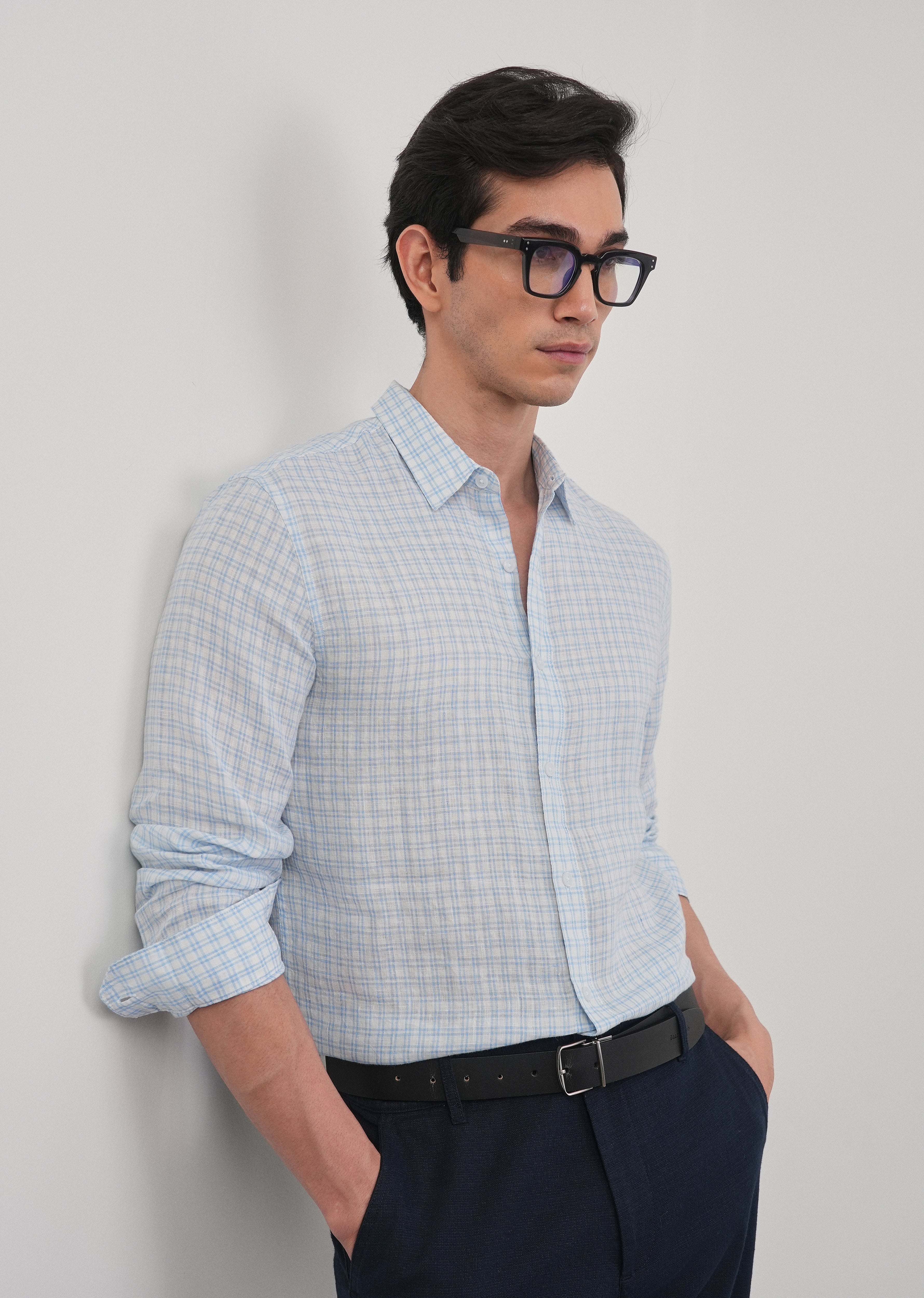 Sky Blue 100% Pure Linen Check Shirt