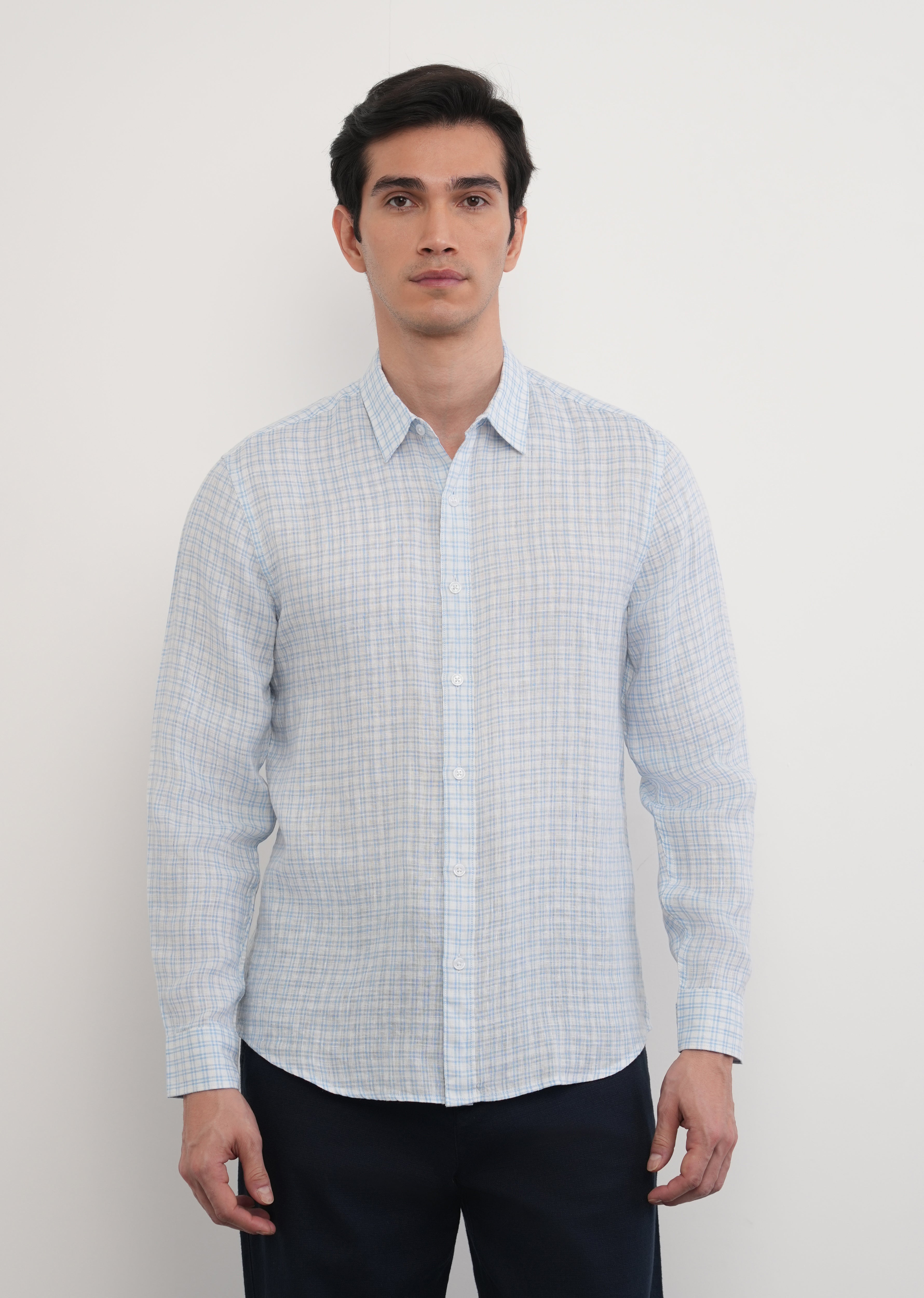 Sky Blue 100% Pure Linen Check Shirt