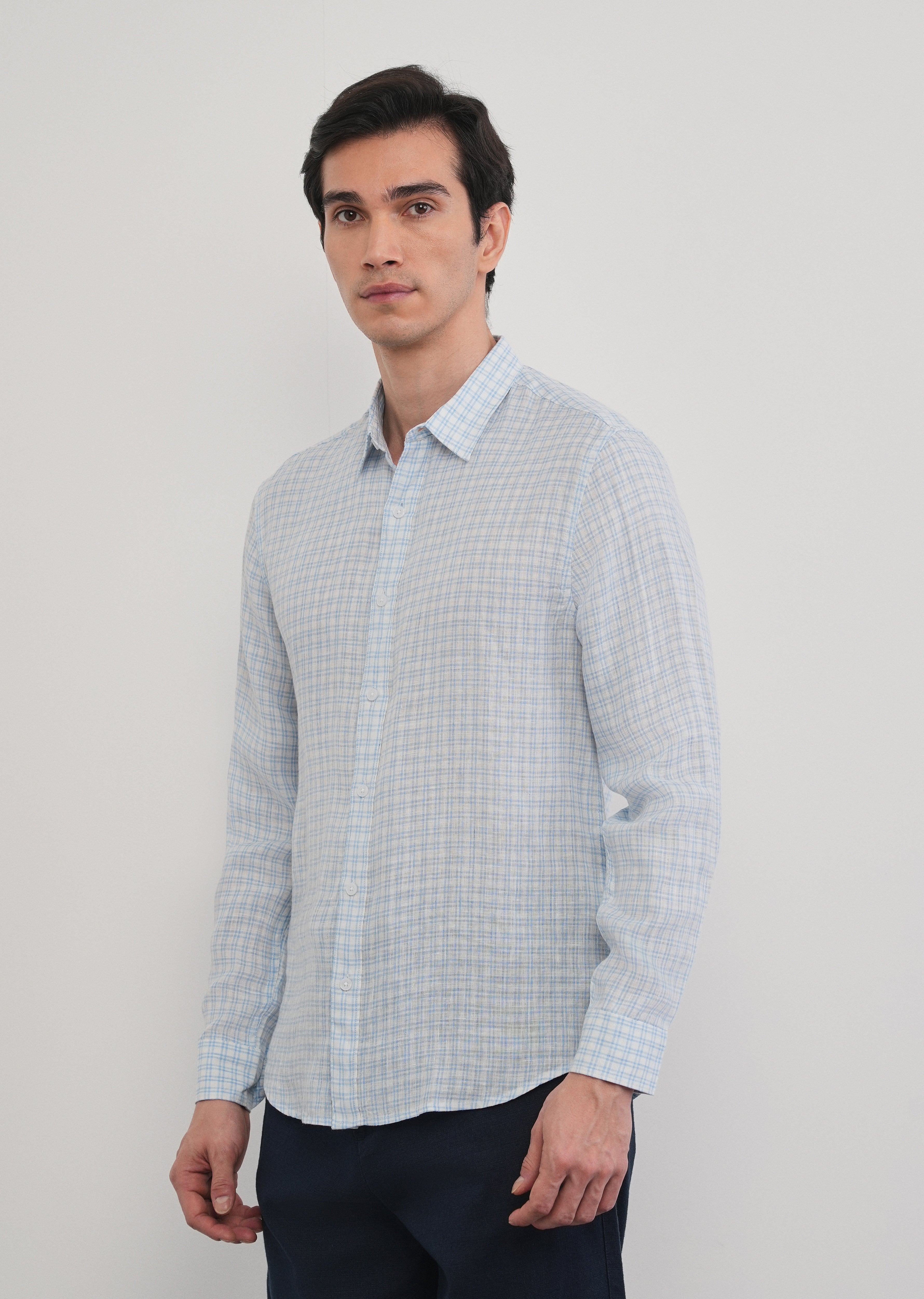 Sky Blue 100% Pure Linen Check Shirt
