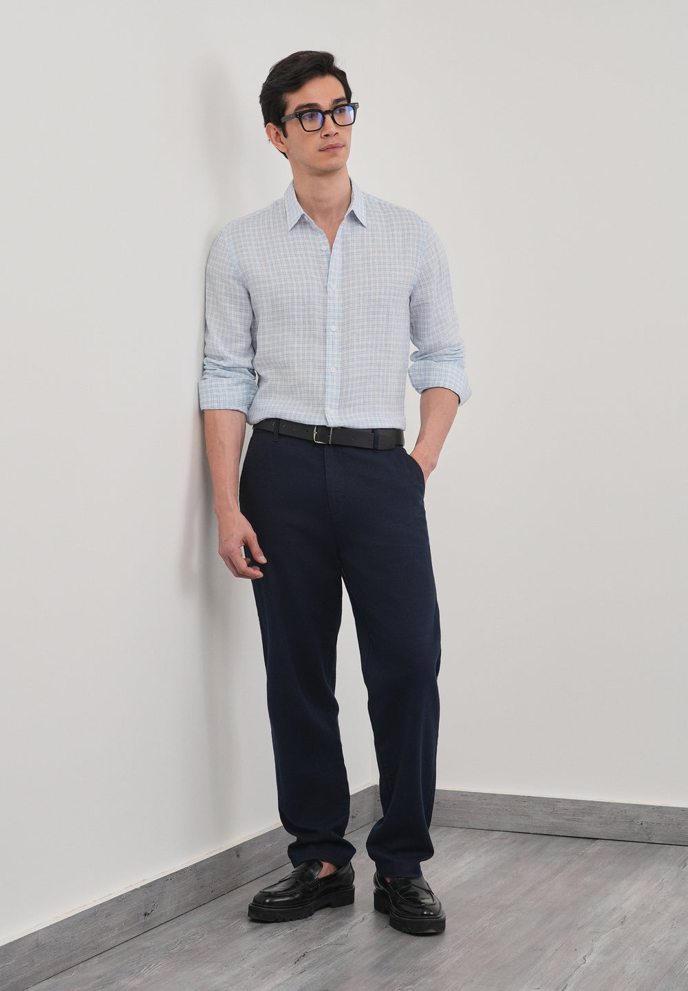 Sky Blue 100% Pure Linen Check Shirt