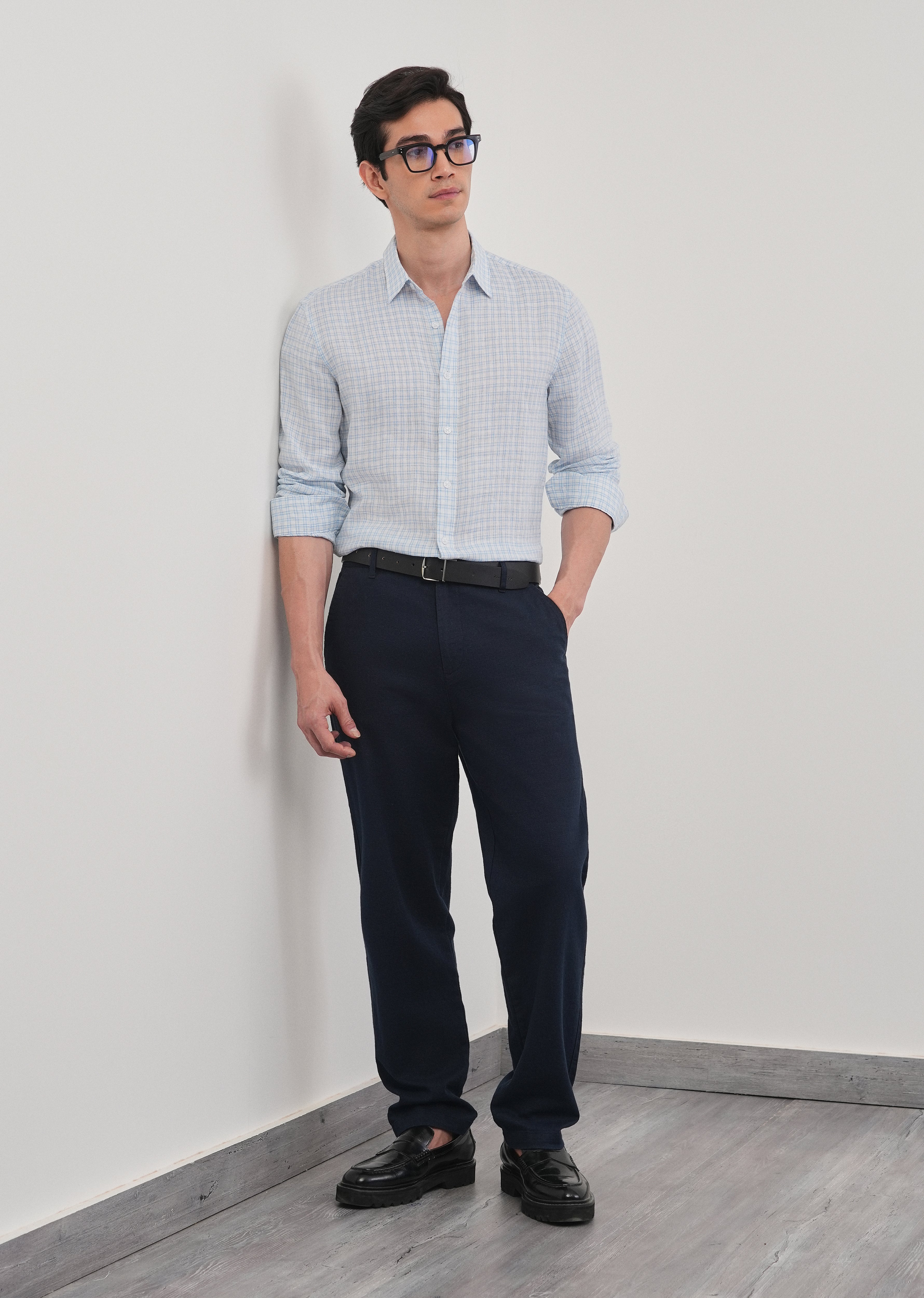 Sky Blue 100% Pure Linen Check Shirt