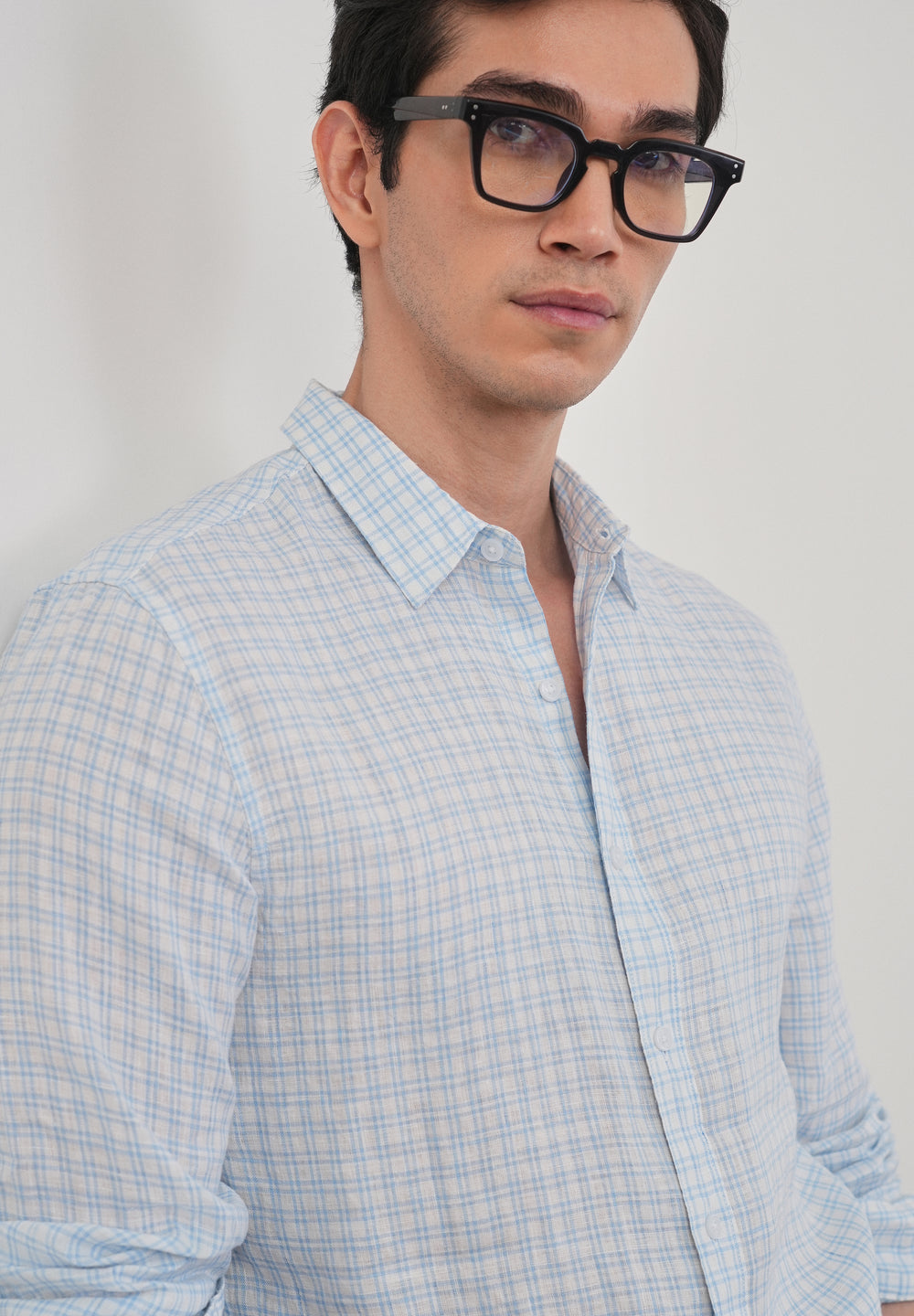Sky Blue 100% Pure Linen Check Shirt