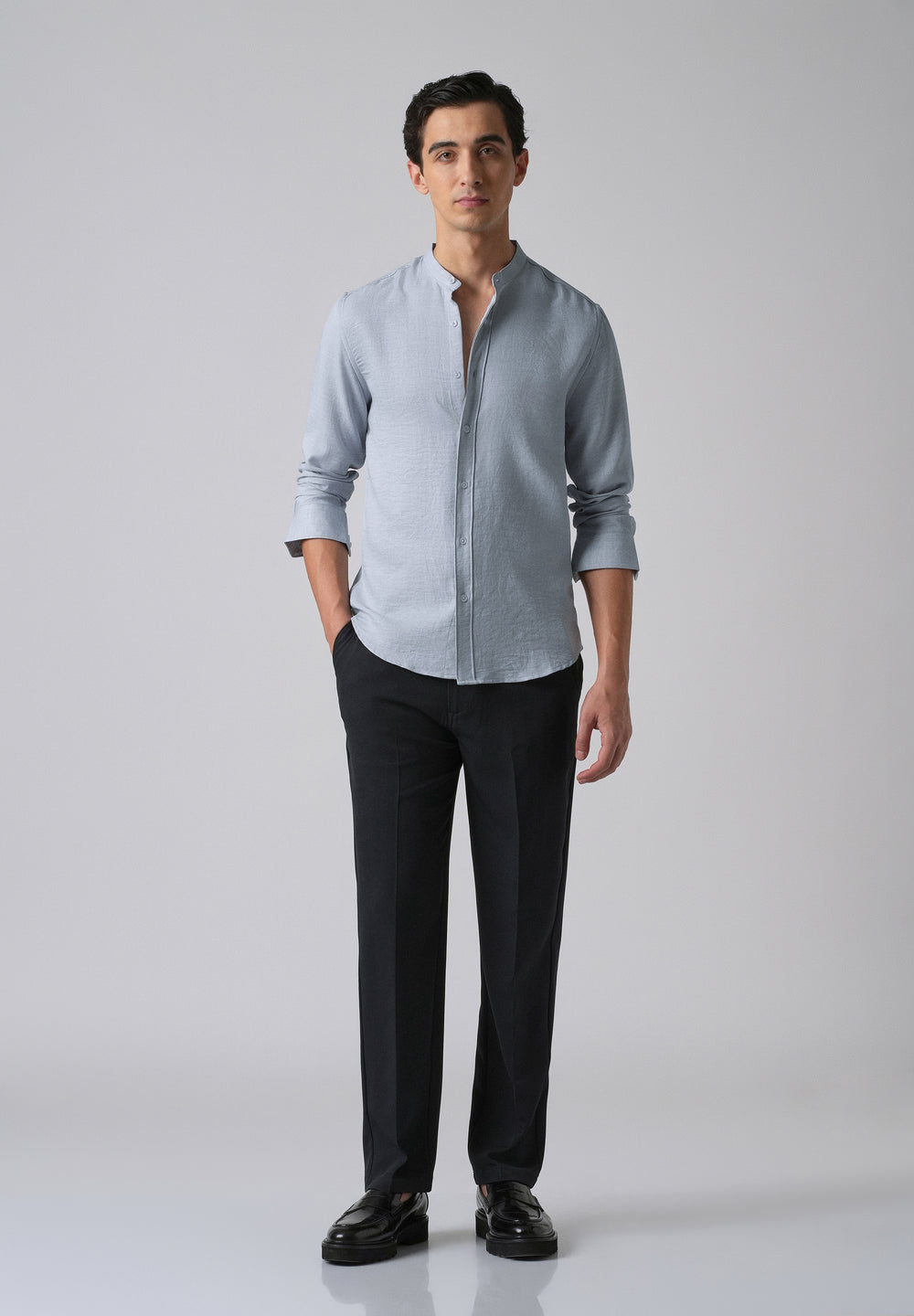 Sky Blue Plain Mandarin Collar Shirt