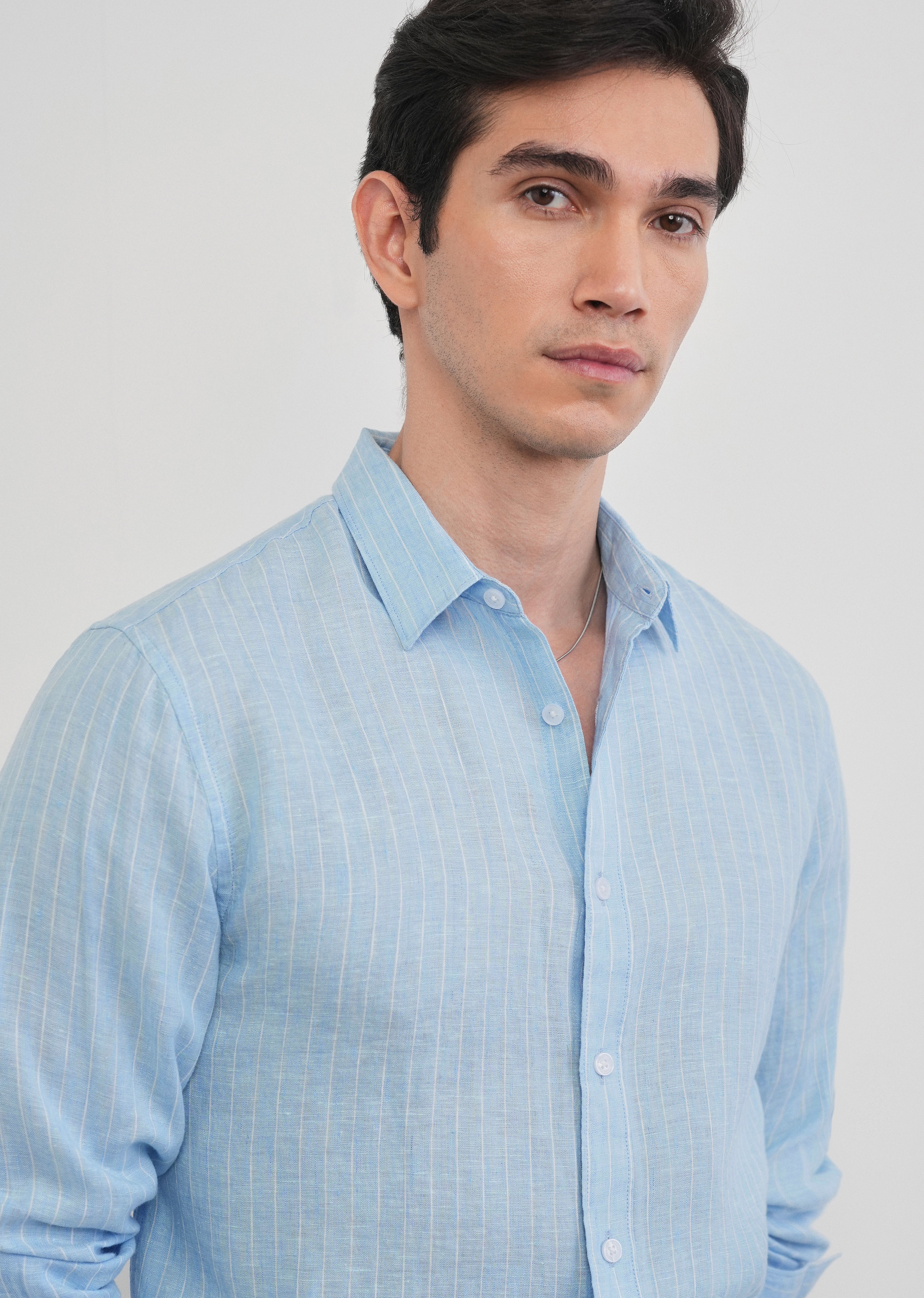 100% Linen Sky Blue Stripe Shirt