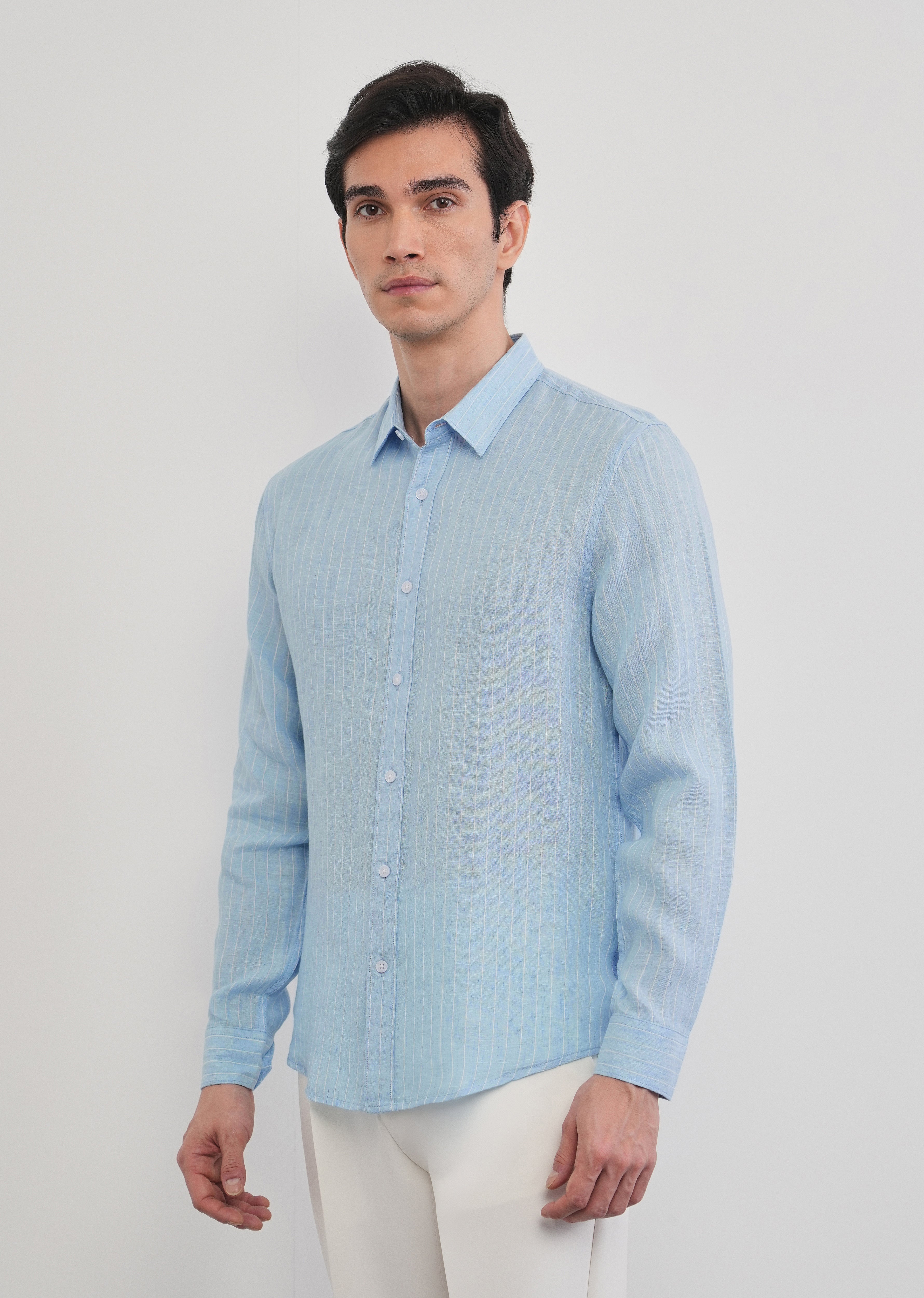 100% Linen Sky Blue Stripe Shirt