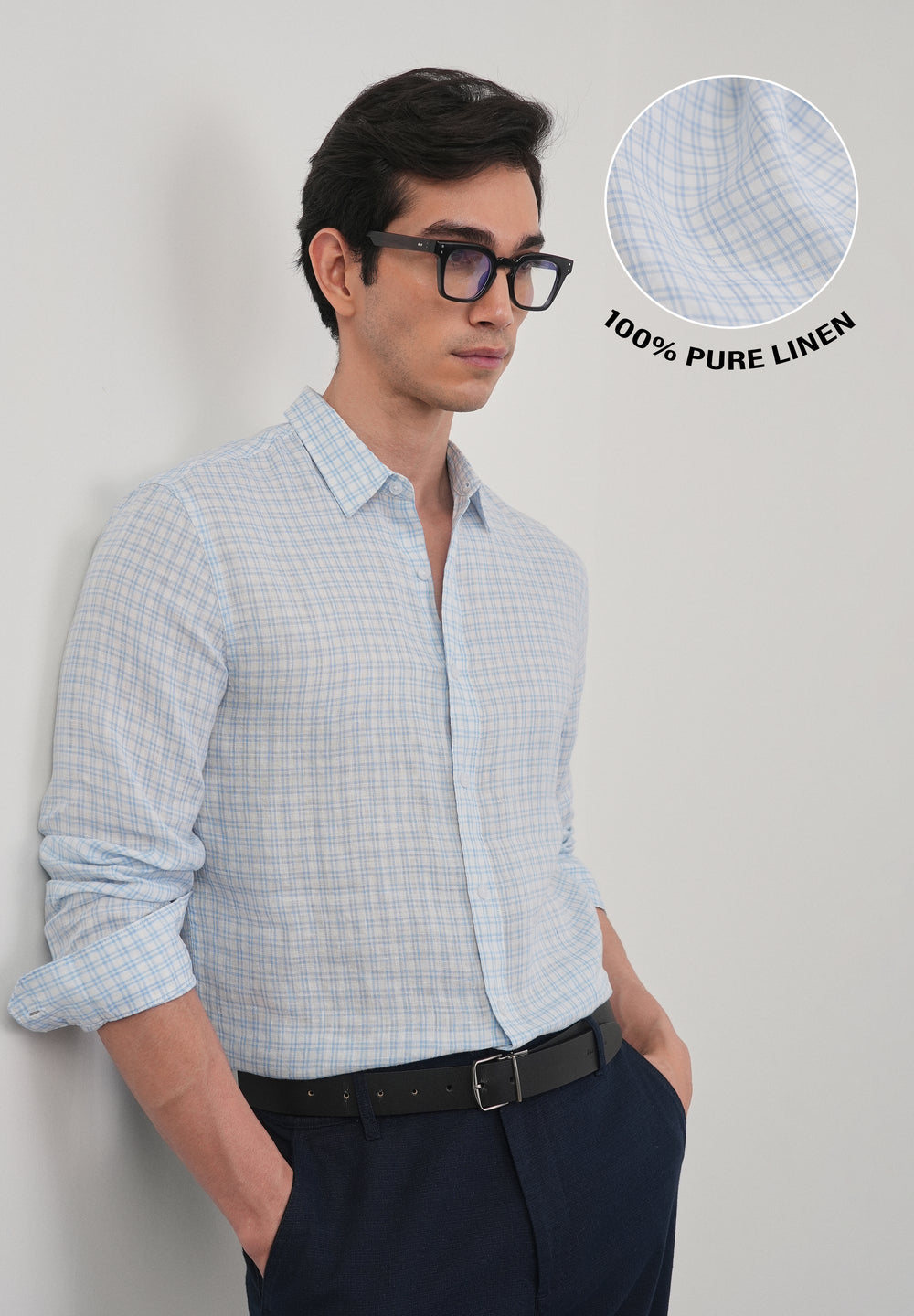 Sky Blue 100% Pure Linen Check Shirt