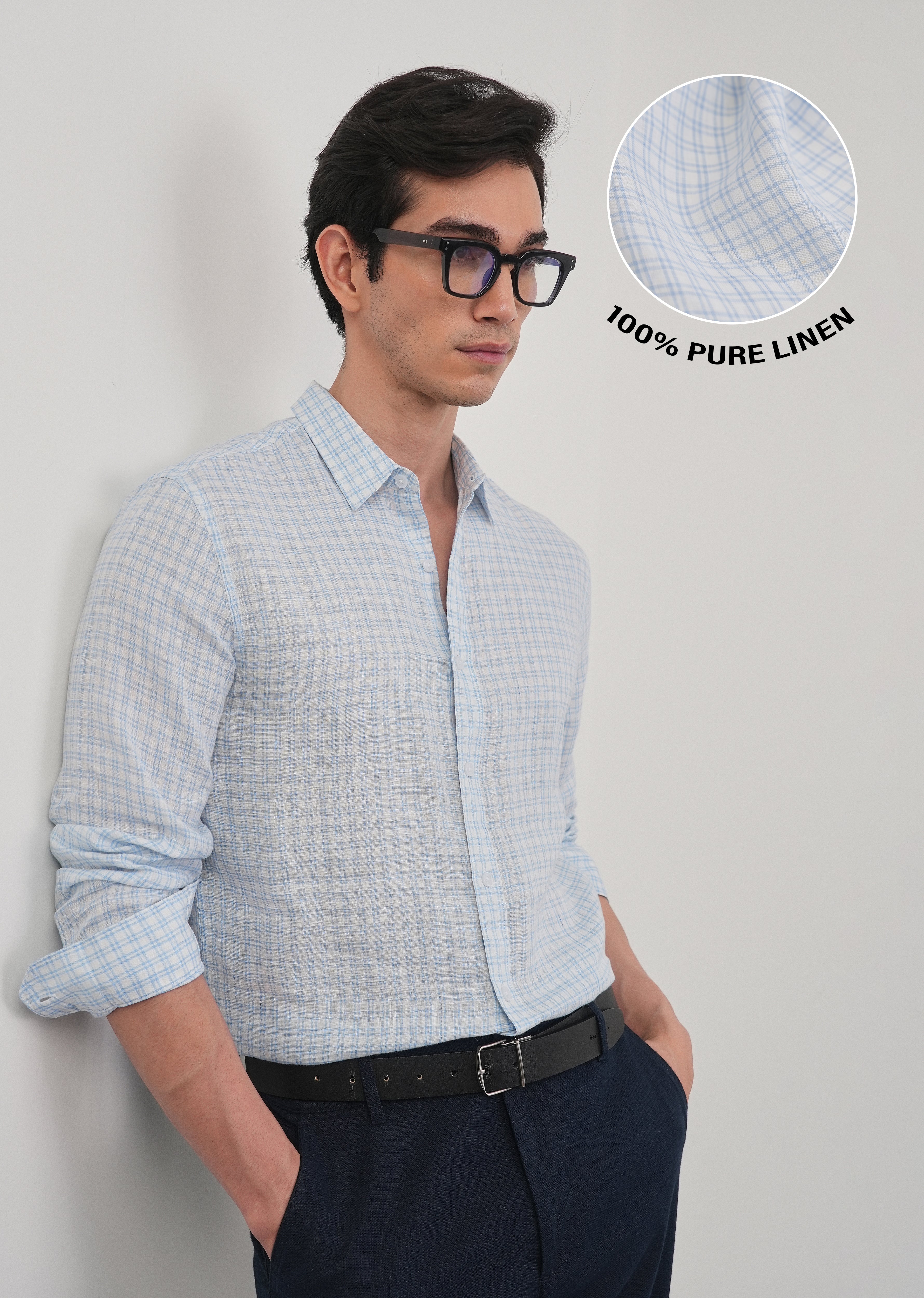 Sky Blue 100% Pure Linen Check Shirt