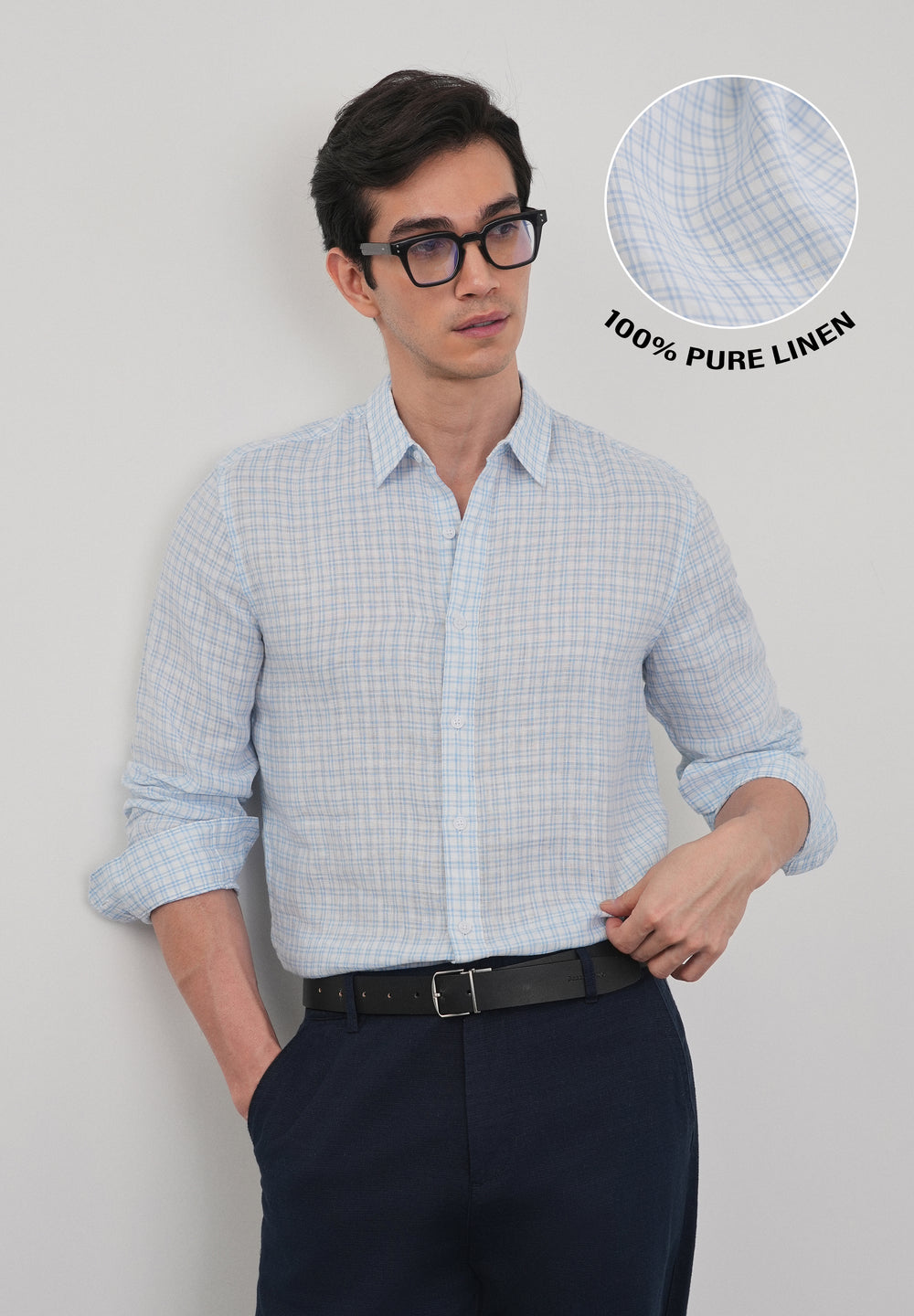 Sky Blue 100% Pure Linen Check Shirt