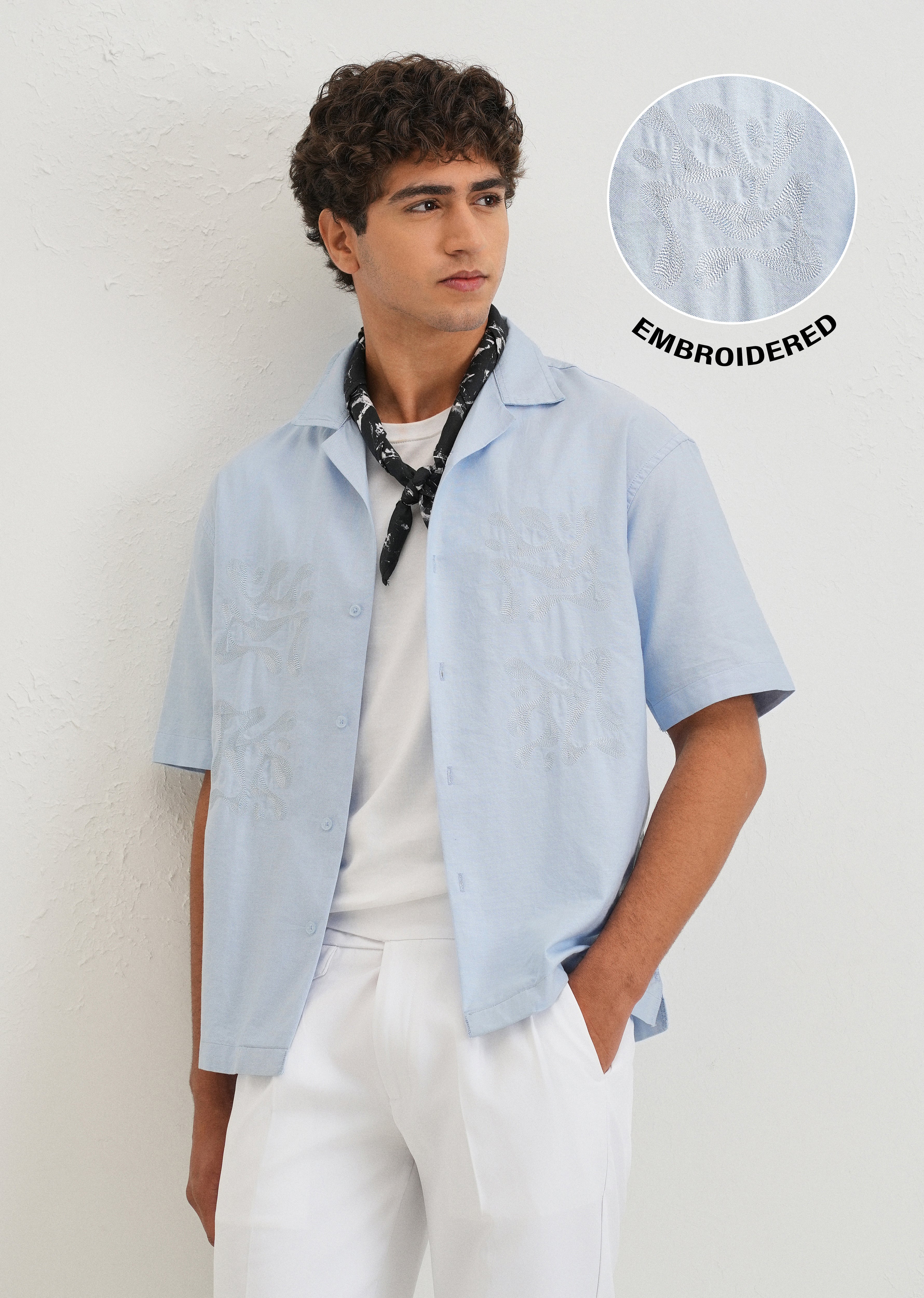 Sky Blue Embroidery Cuban Collar Cotton Shirt