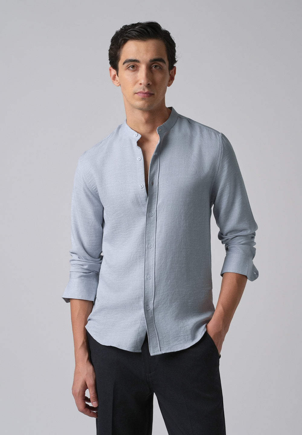 Sky Blue Plain Mandarin Collar Shirt