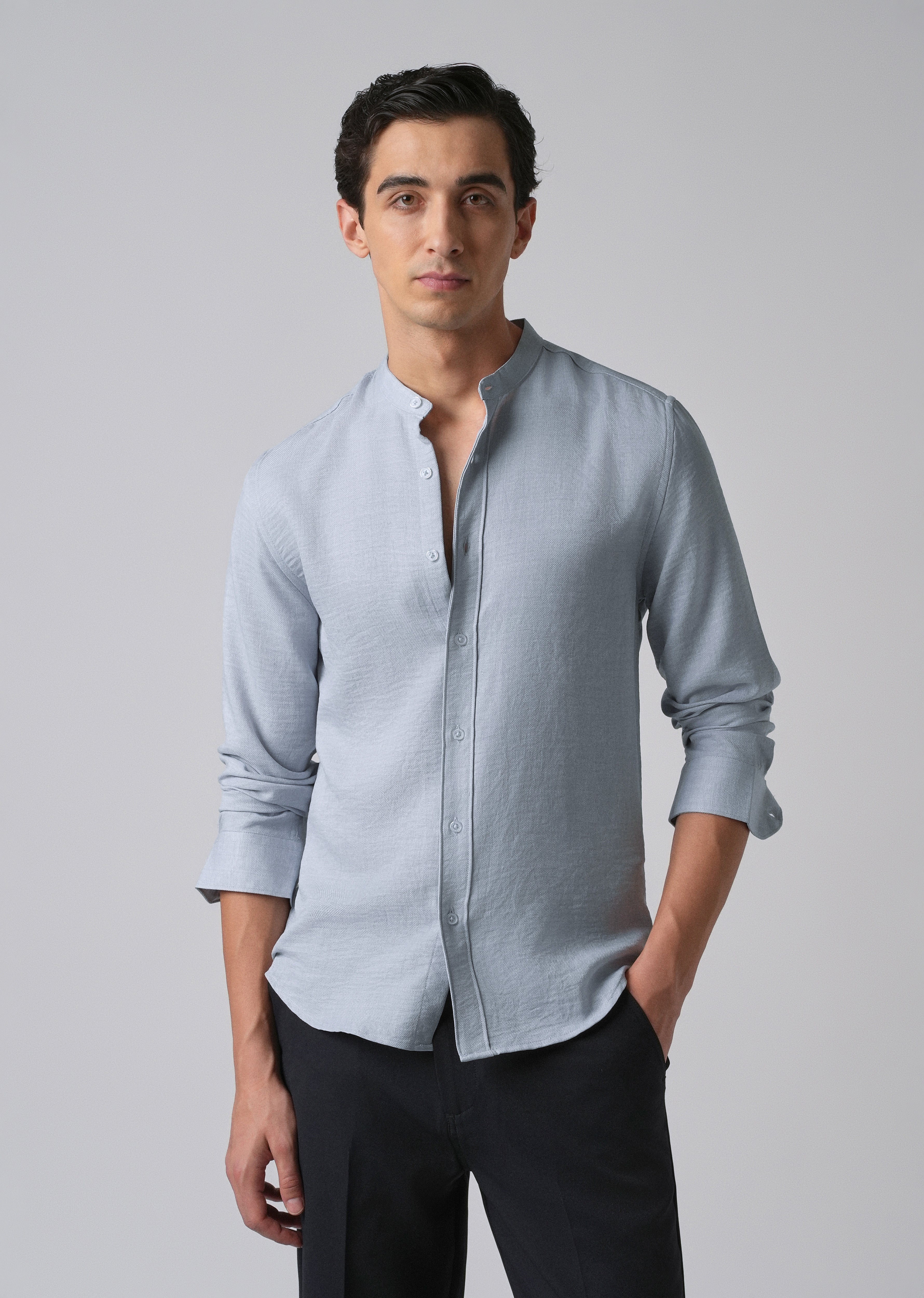 Sky Blue Plain Mandarin Collar Shirt