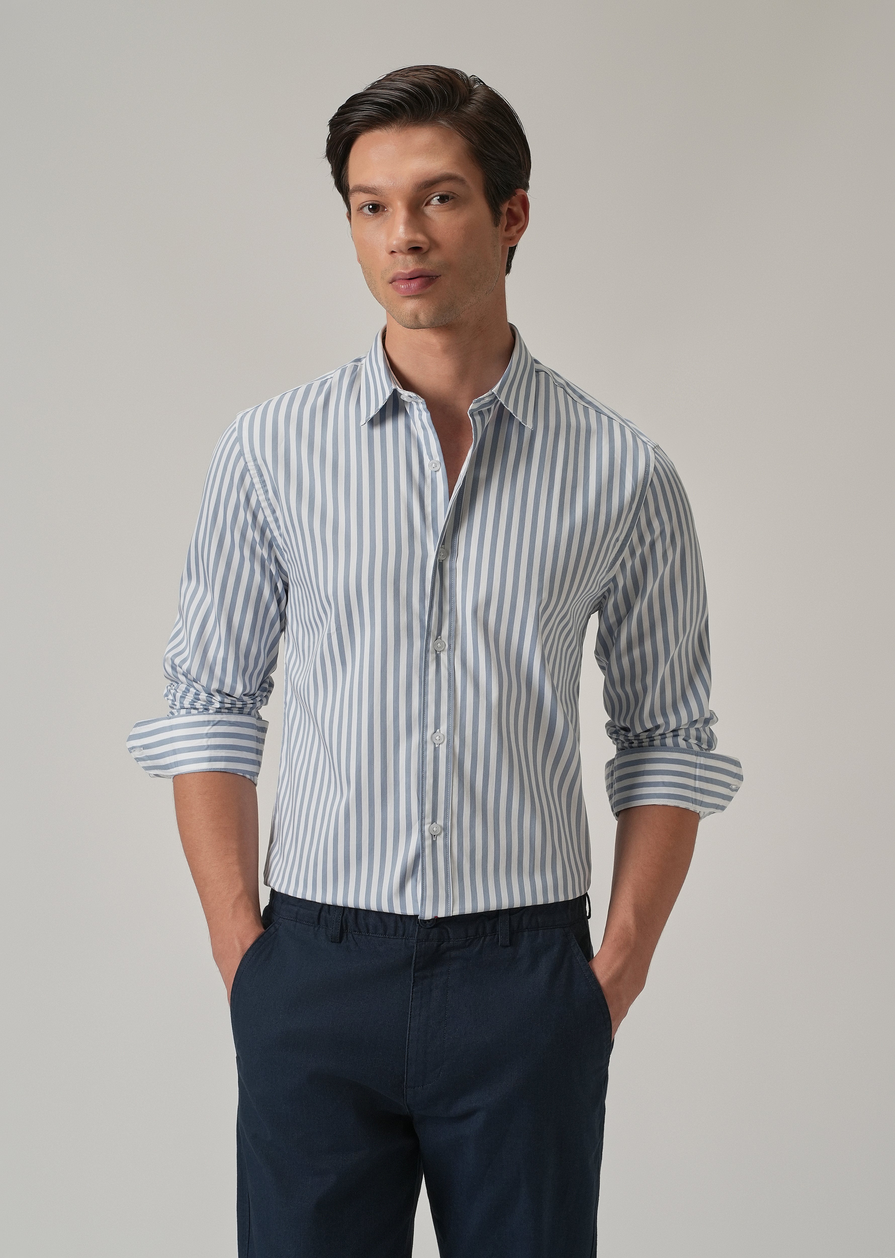 Sky Blue Satin Pin Stripe Shirt