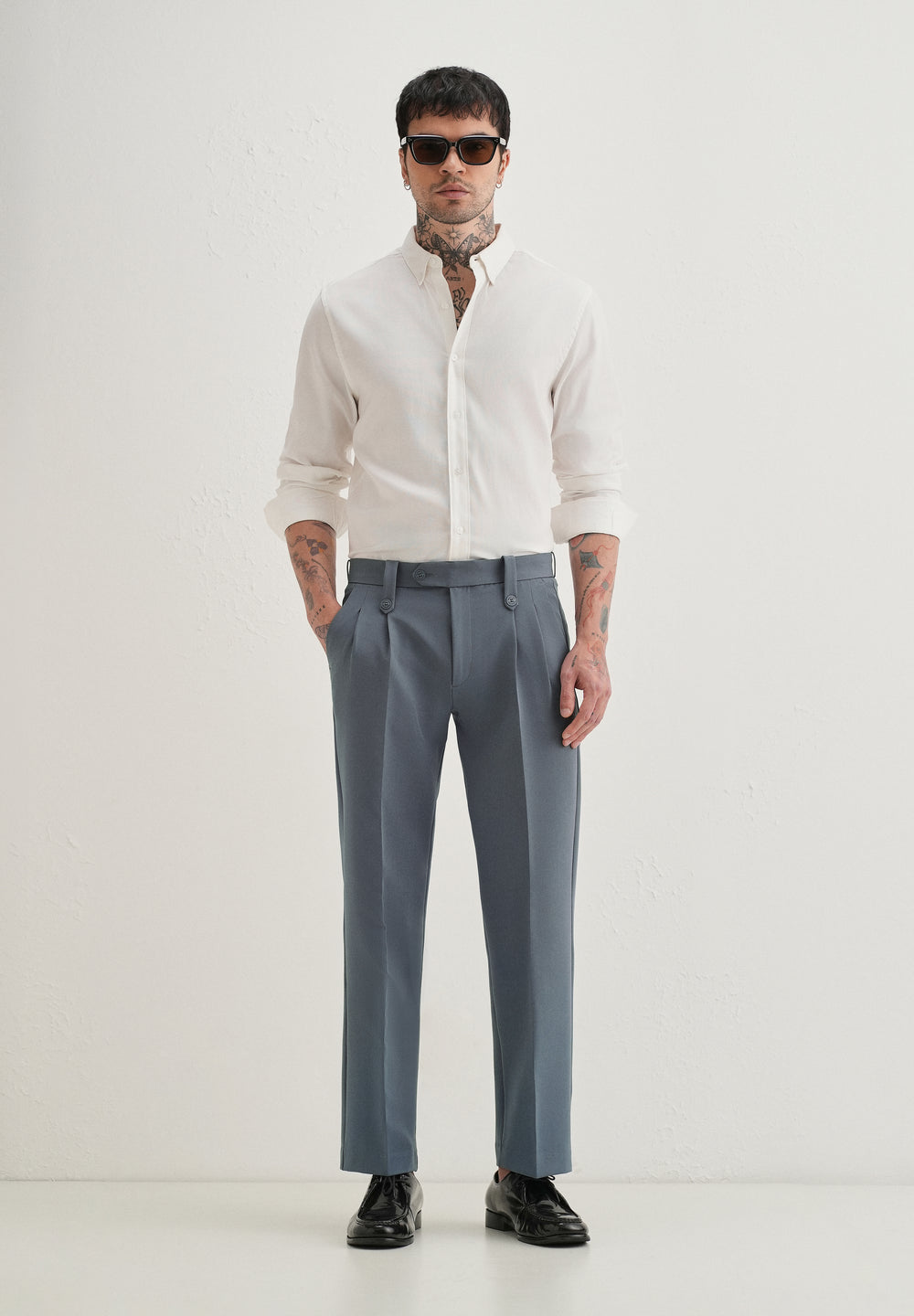 Slate Grey Button-Tab Pleat Trouser