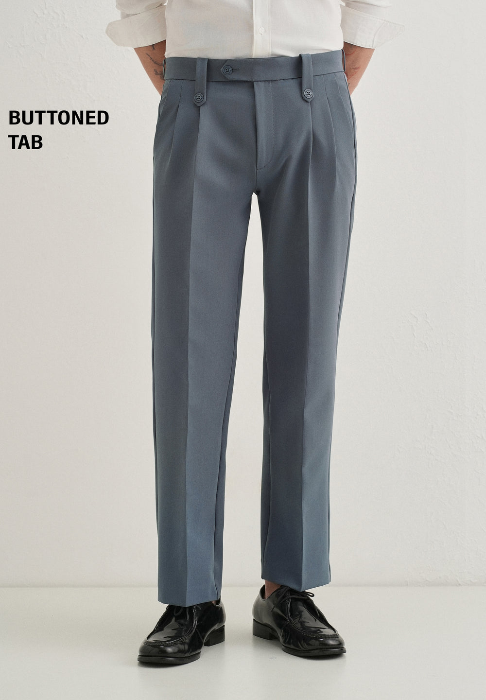 Slate Grey Button-Tab Pleat Trouser
