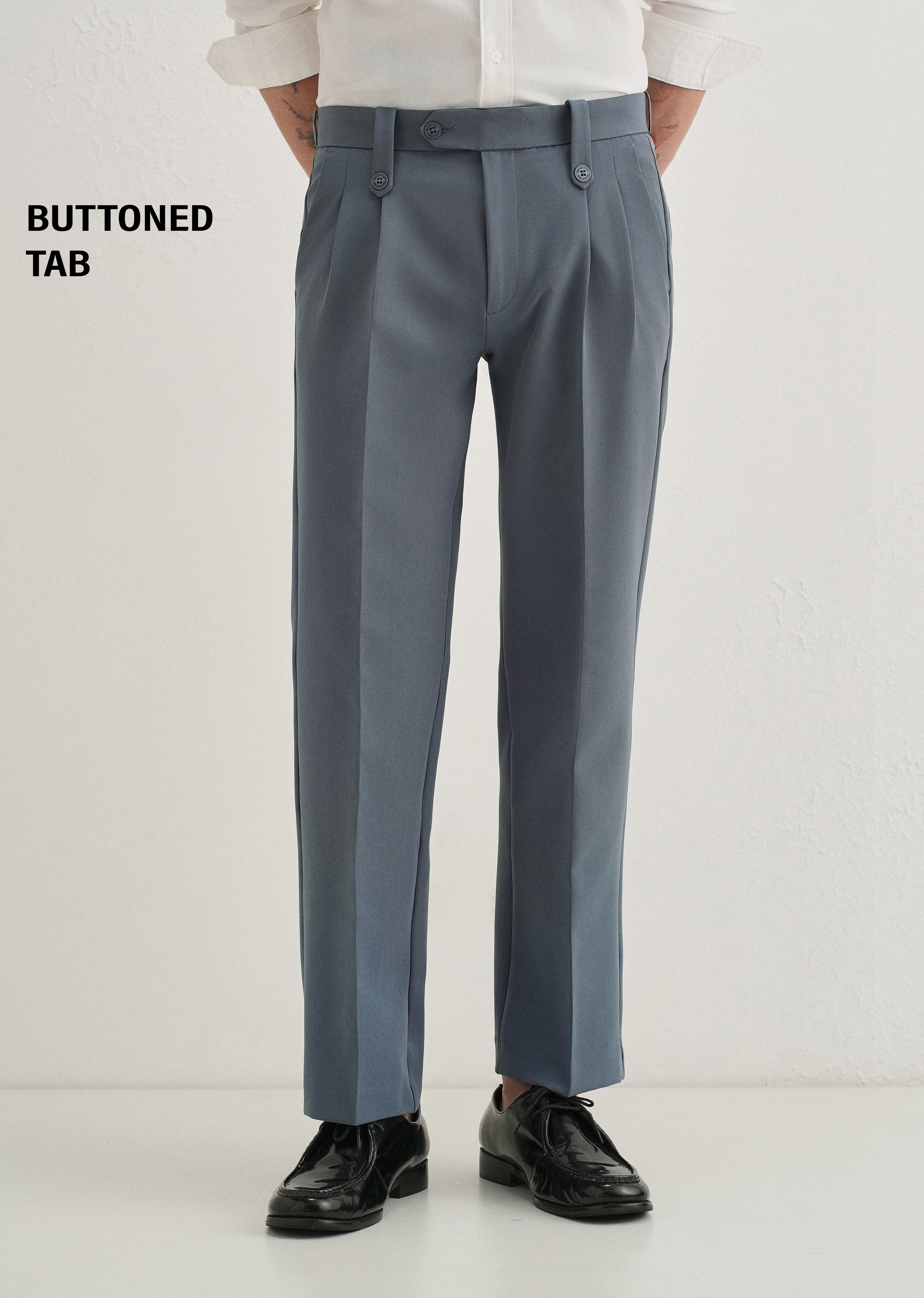 Slate Grey Button-Tab Pleat Trouser