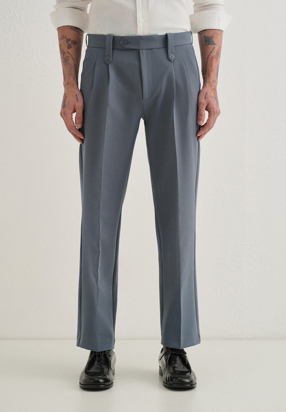 Slate Grey Button-Tab Pleat Trouser